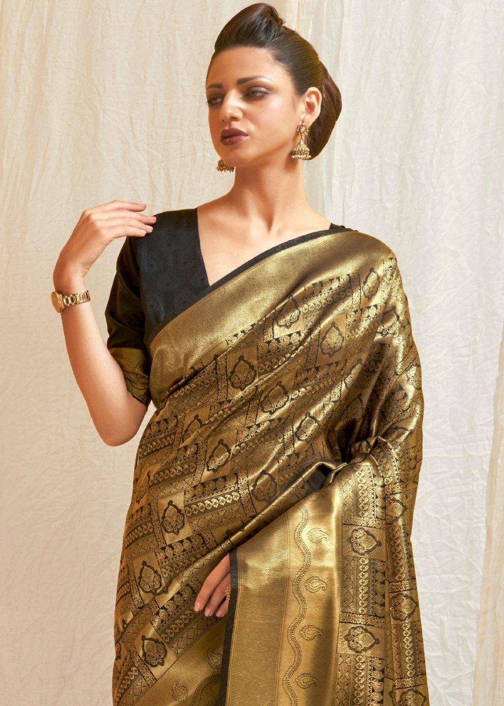 Soot Black & Golden Blend Kanjivaram Silk Saree | Stitched Blouse - qivii