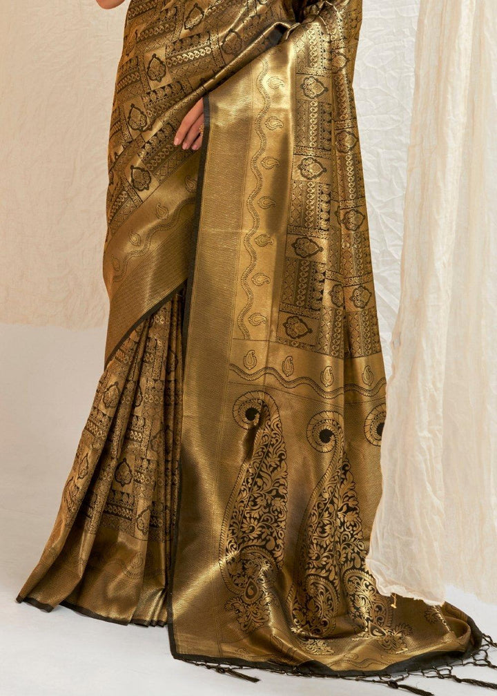 Soot Black & Golden Blend Kanjivaram Silk Saree | Stitched Blouse - qivii