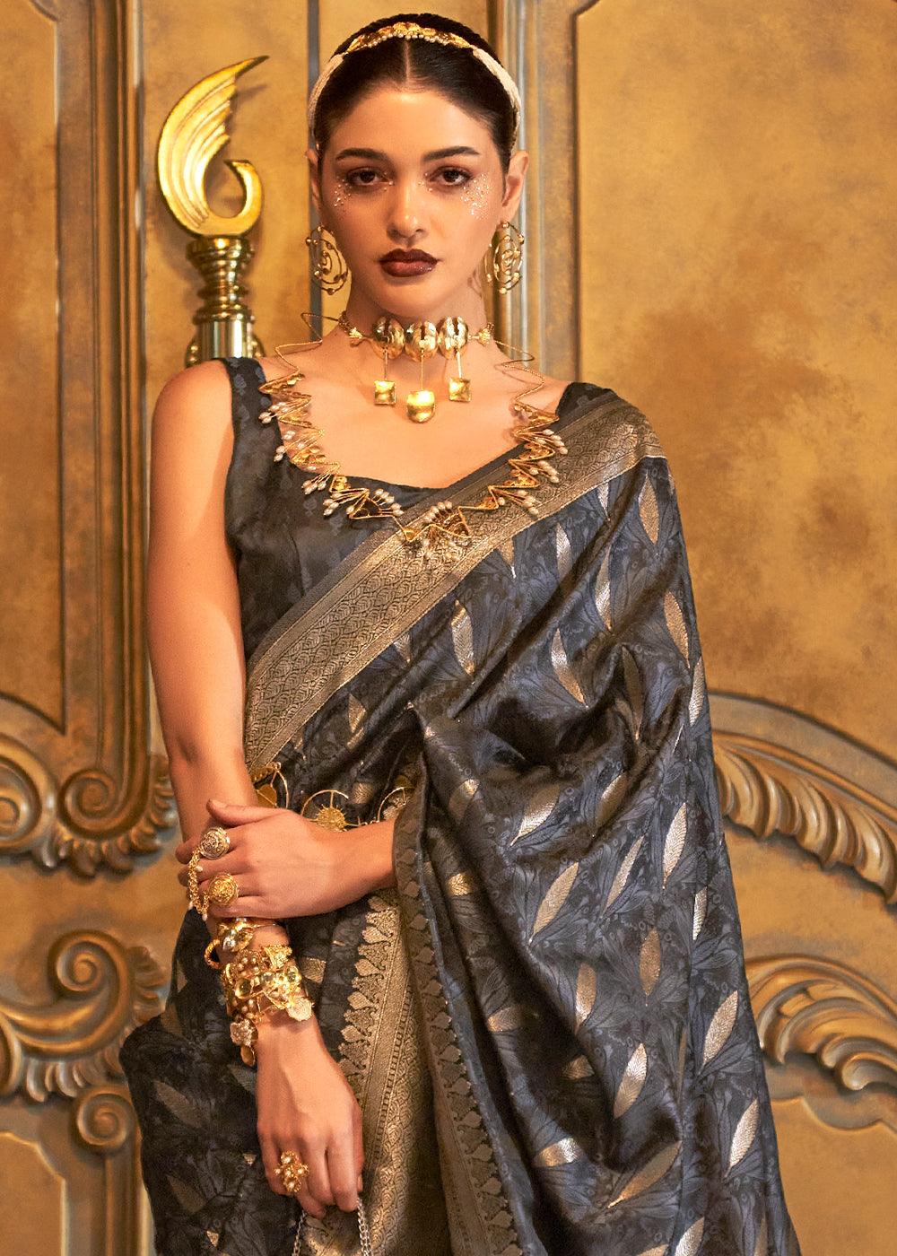 Soot Black Handloom Woven Satin Silk Saree - qivii