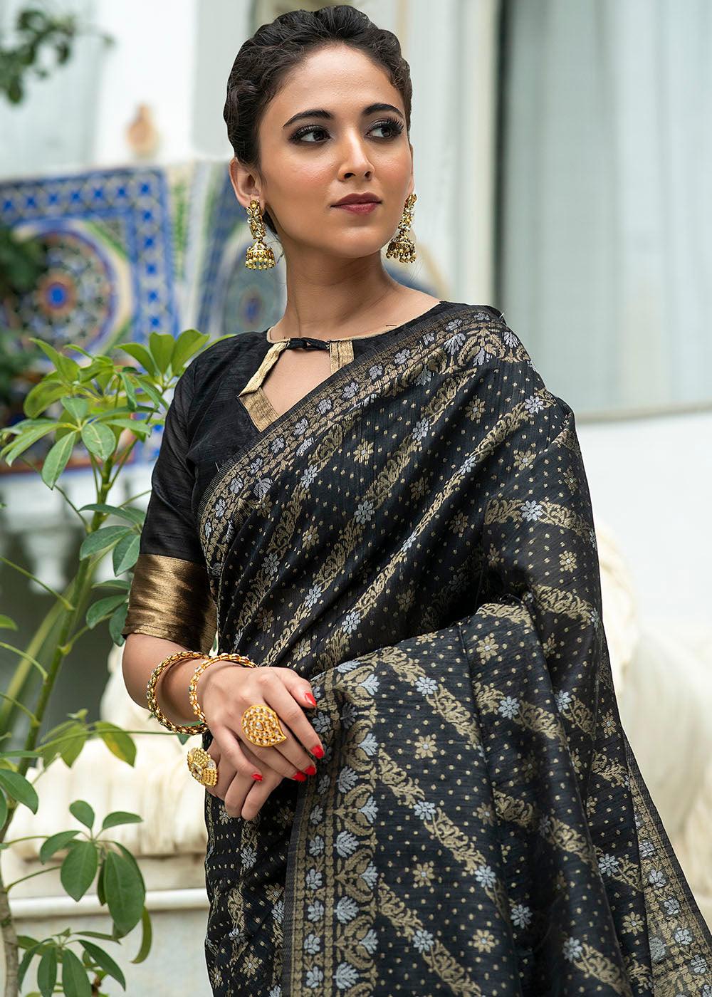 Soot Black Zari Woven Tussar Silk Saree with Tassels on Pallu | Stitched Blouse - qivii