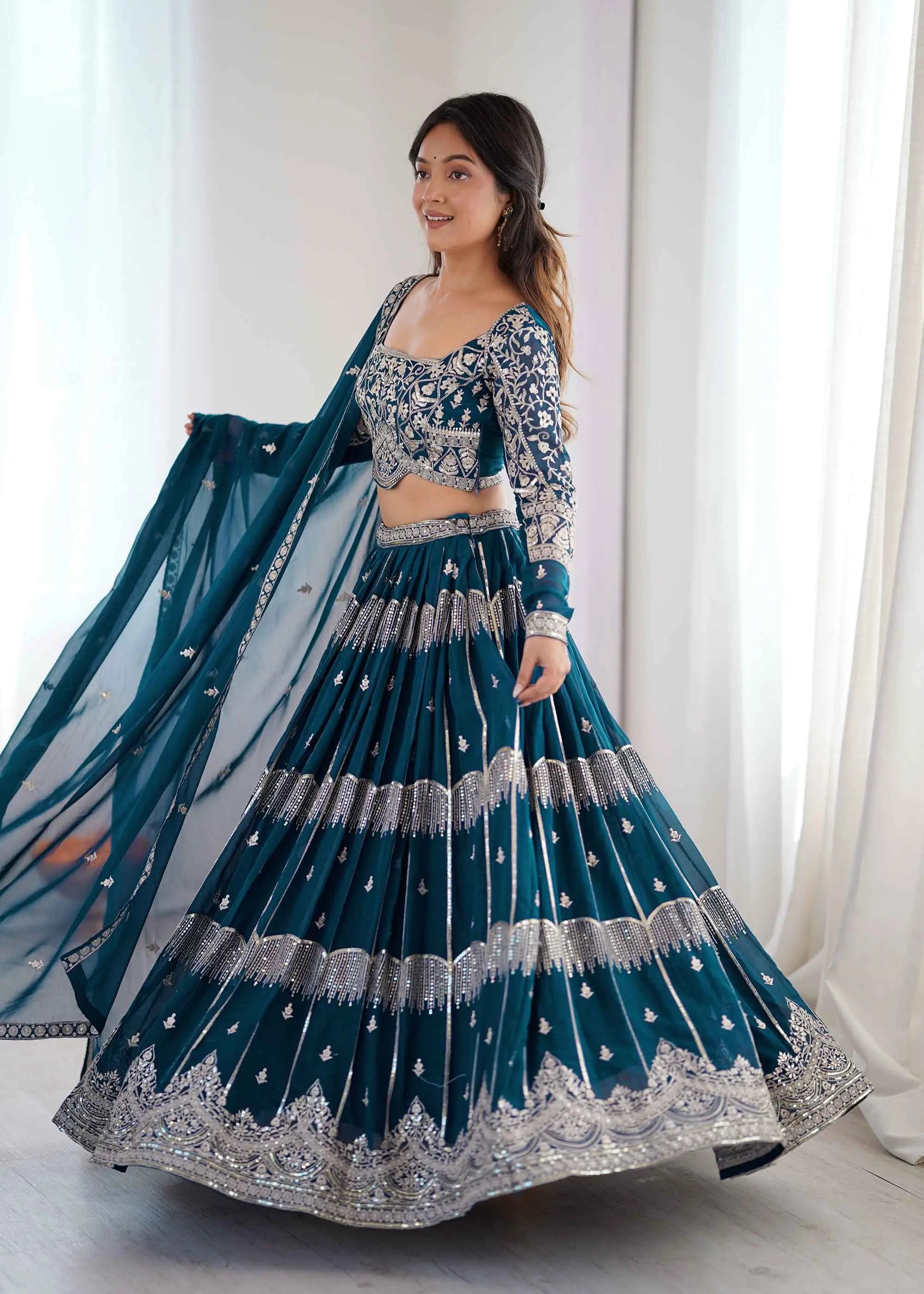 Teal Sequins Embroidery Lehenga Choli
