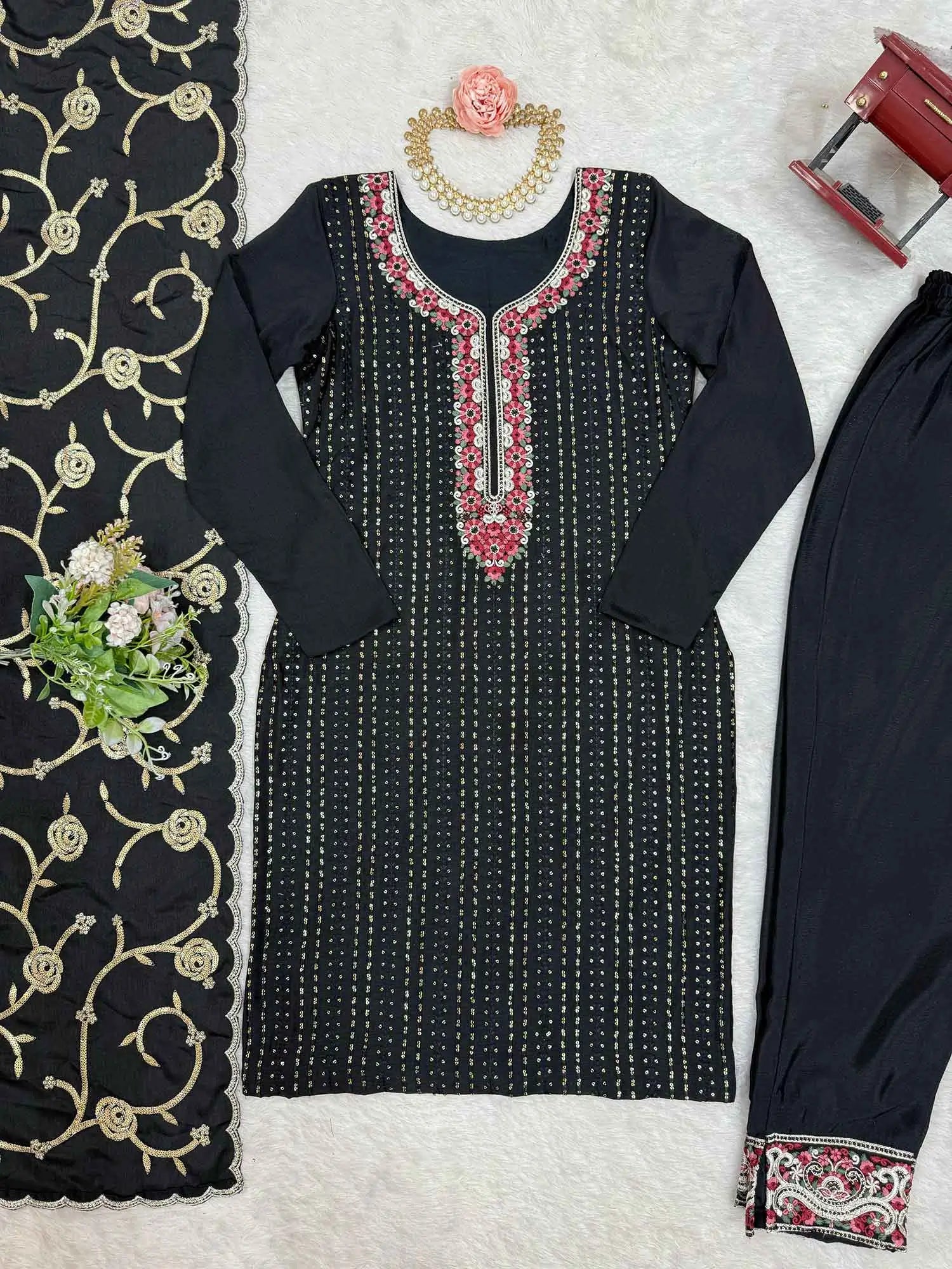 Black Designer Sequins Embroidery Work Salwar Suit With Dupatta