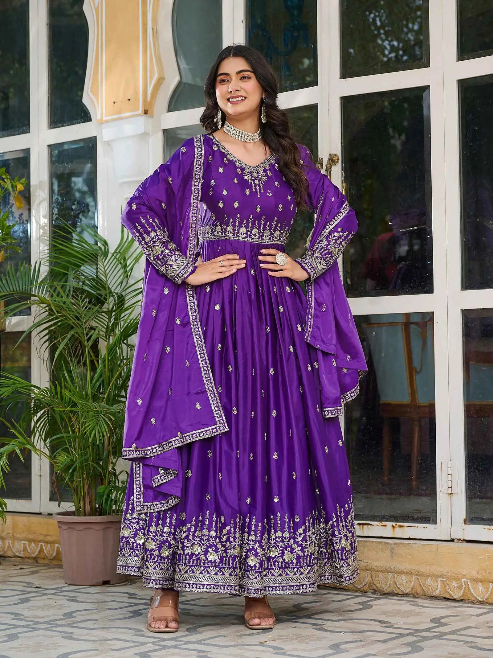 Purple Silk Gown With Sequins Embroidery Work And Dupatta - qivii