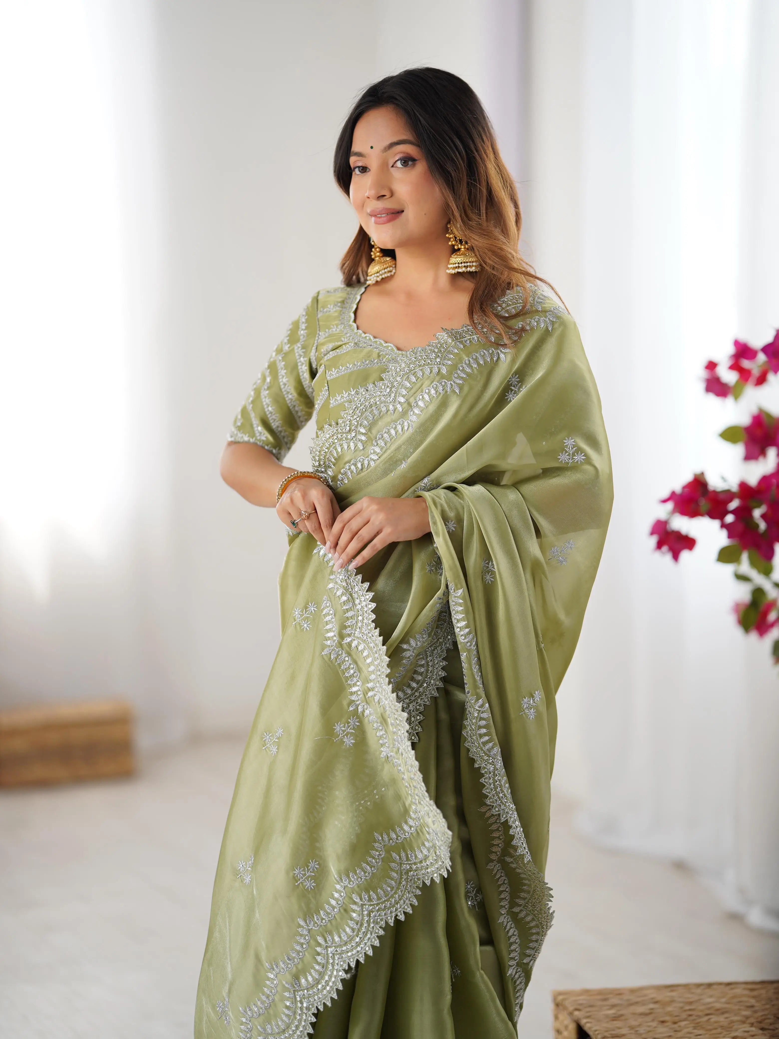 Greyish Olive Green Designer Sequins Embroidery Work Saree