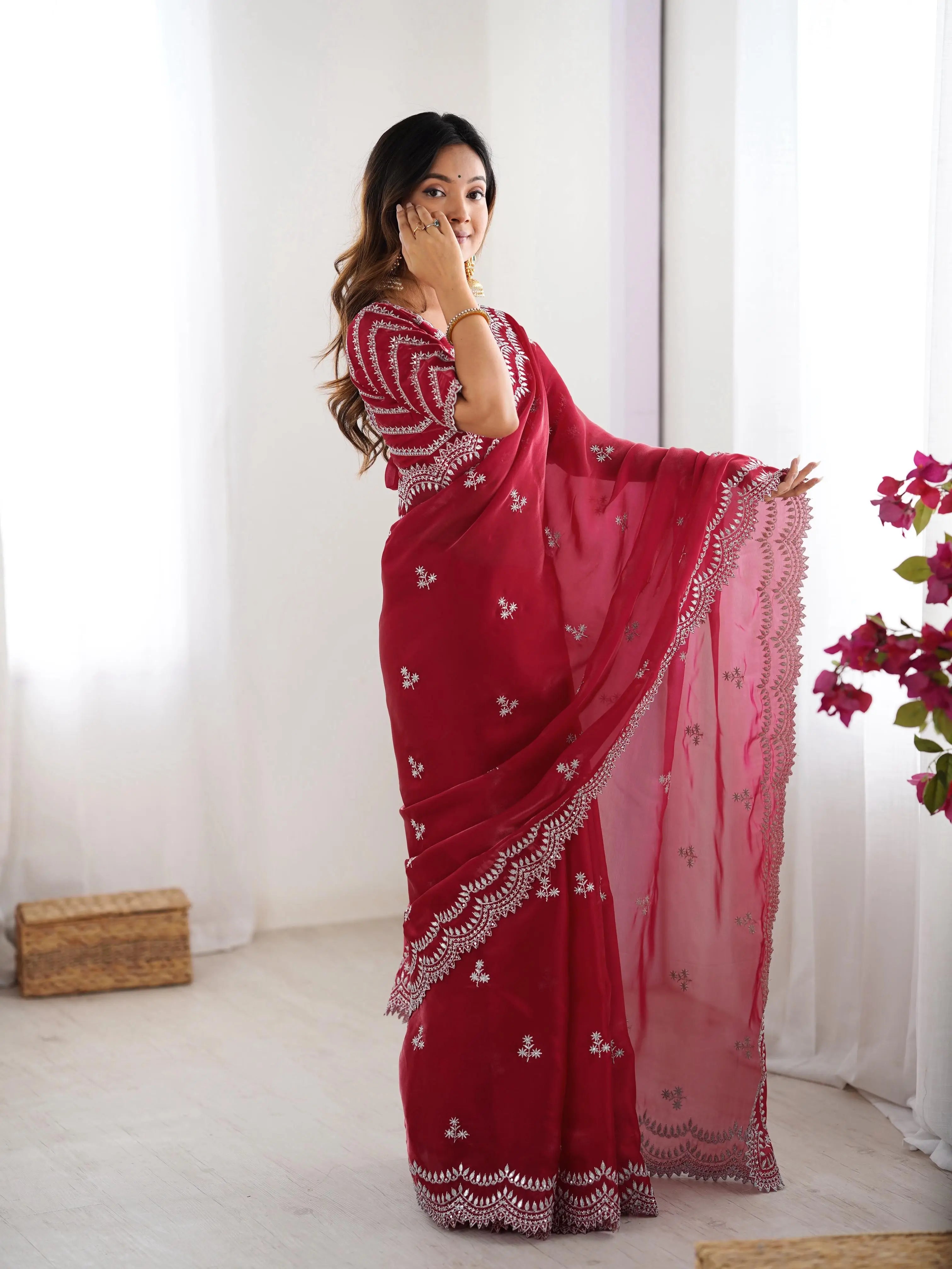 Red Maroon Sequins Embroidery Work Designer Saree - qivii