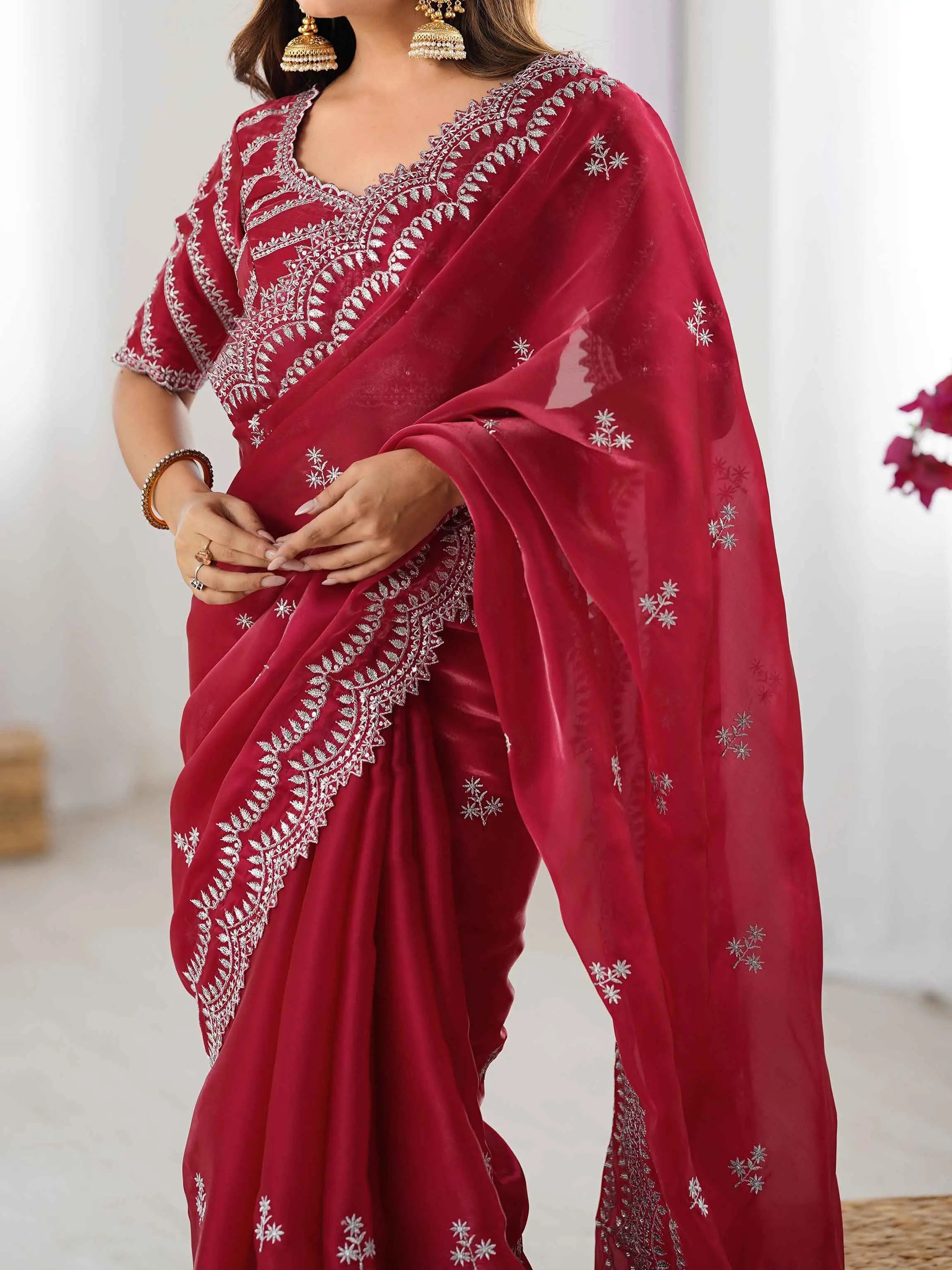 Red Maroon Sequins Embroidery Work Designer Saree - qivii