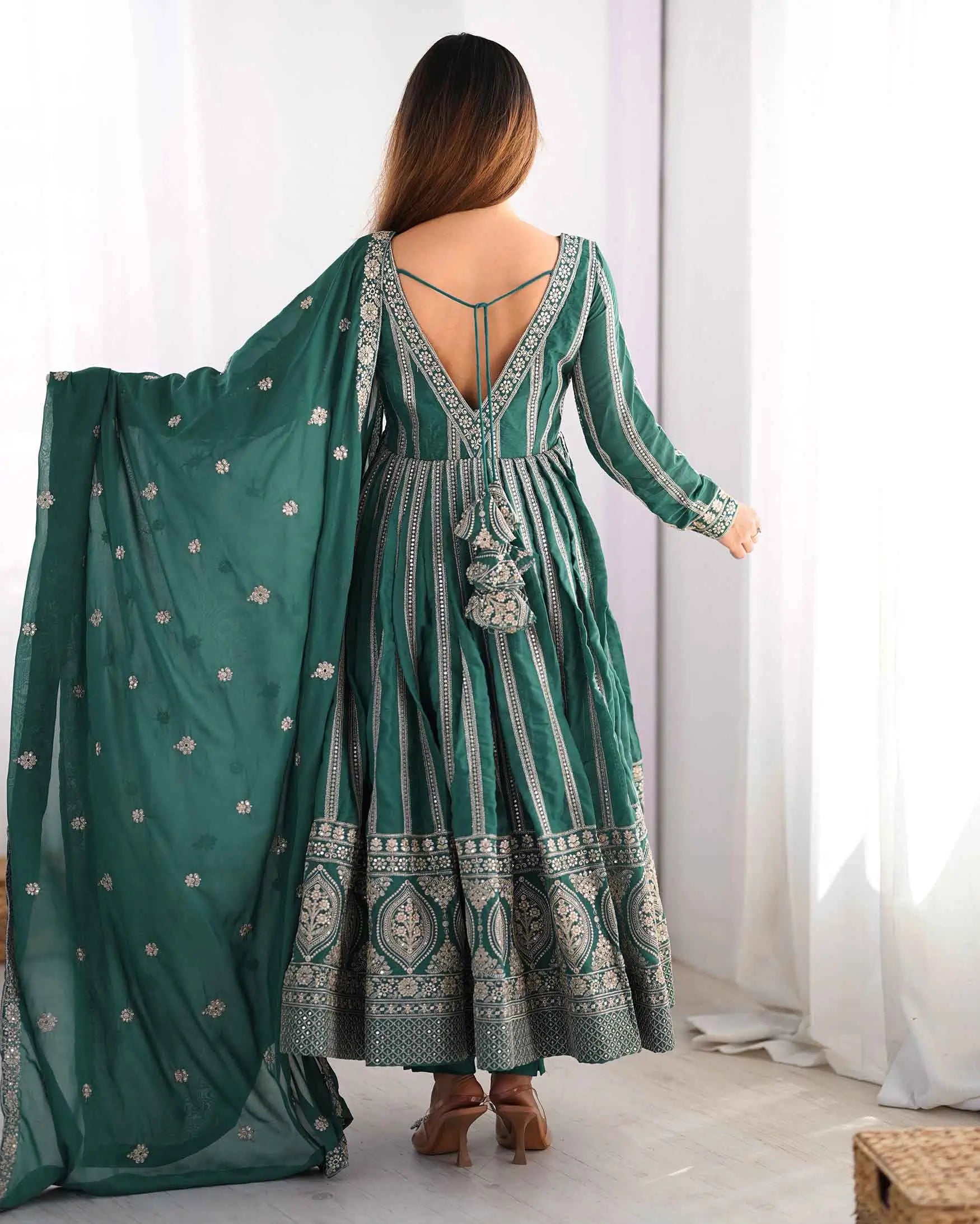 Greenish Blue Georgette Sequins Embroidery Work Gown And Dupatta - qivii