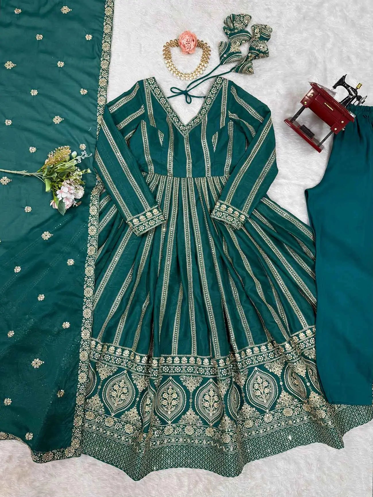 Greenish Blue Georgette Sequins Embroidery Work Gown And Dupatta - qivii
