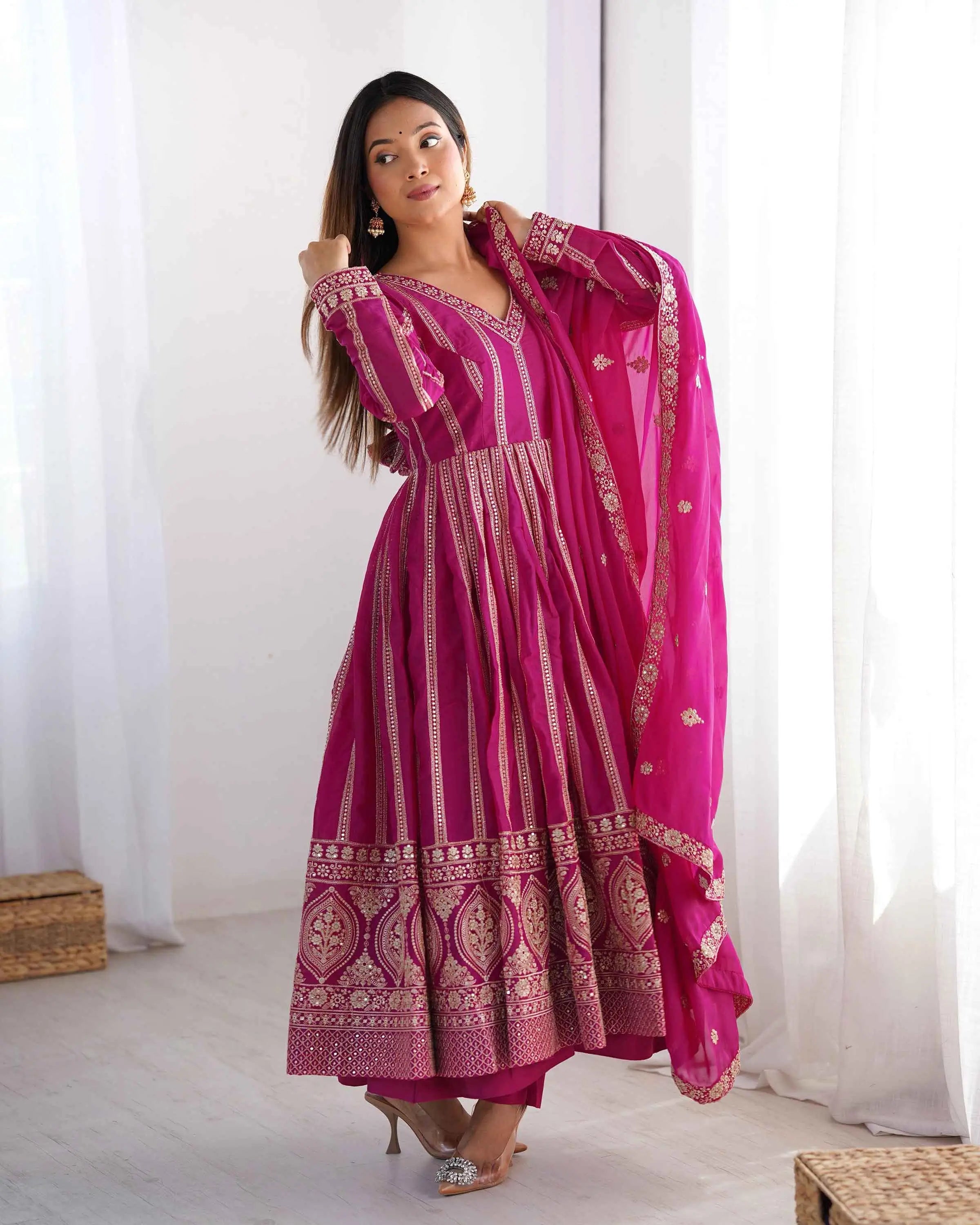 Dark Pink Georgette Sequins Embroidery Work Gown With Dupatta - qivii