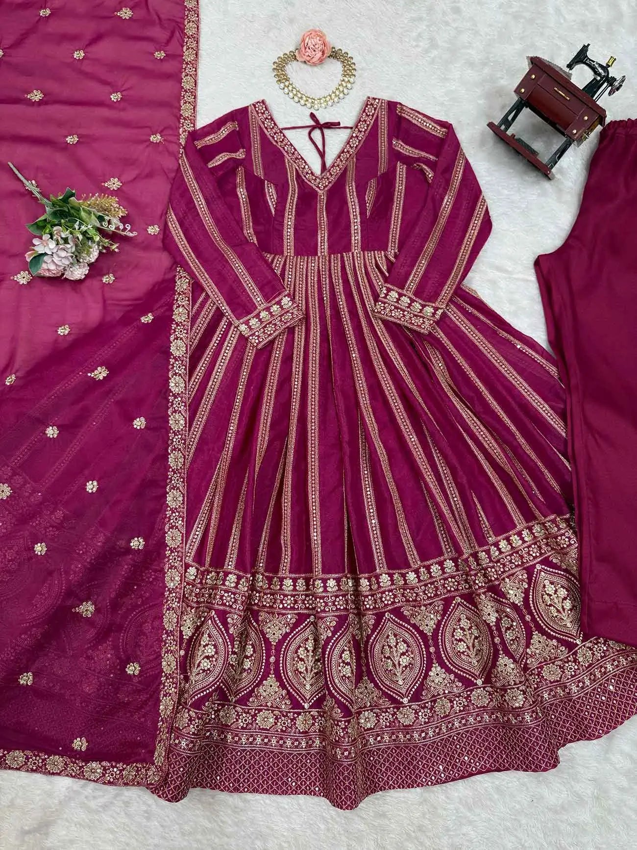 Dark Pink Georgette Sequins Embroidery Work Gown With Dupatta - qivii