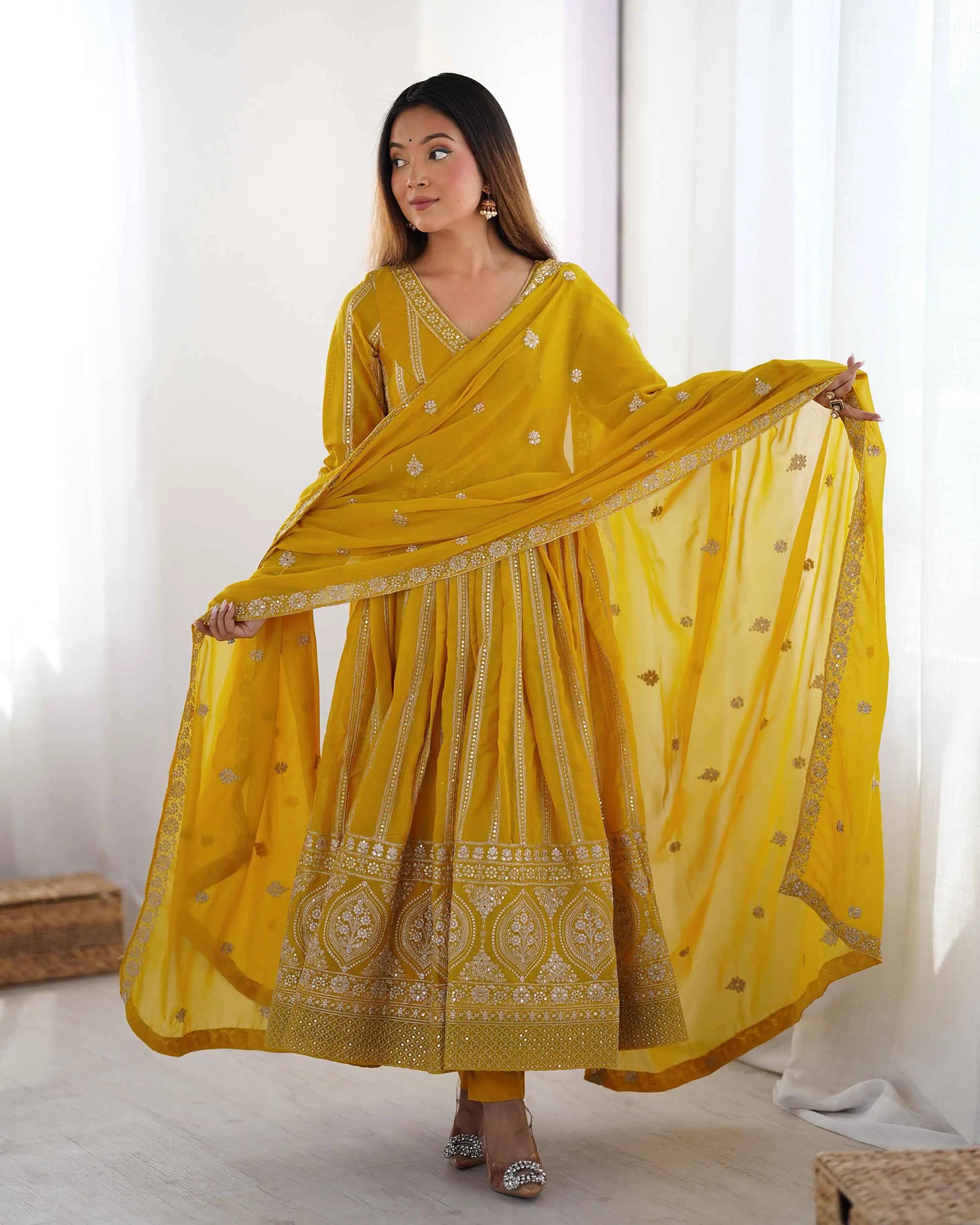 Dark Yellow Sequins Embroidery Work Georgette Gown And Dupatta - qivii