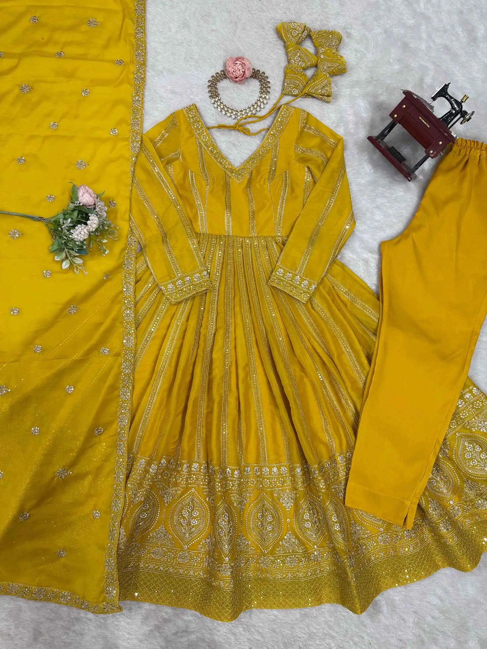 Dark Yellow Sequins Embroidery Work Georgette Gown And Dupatta - qivii