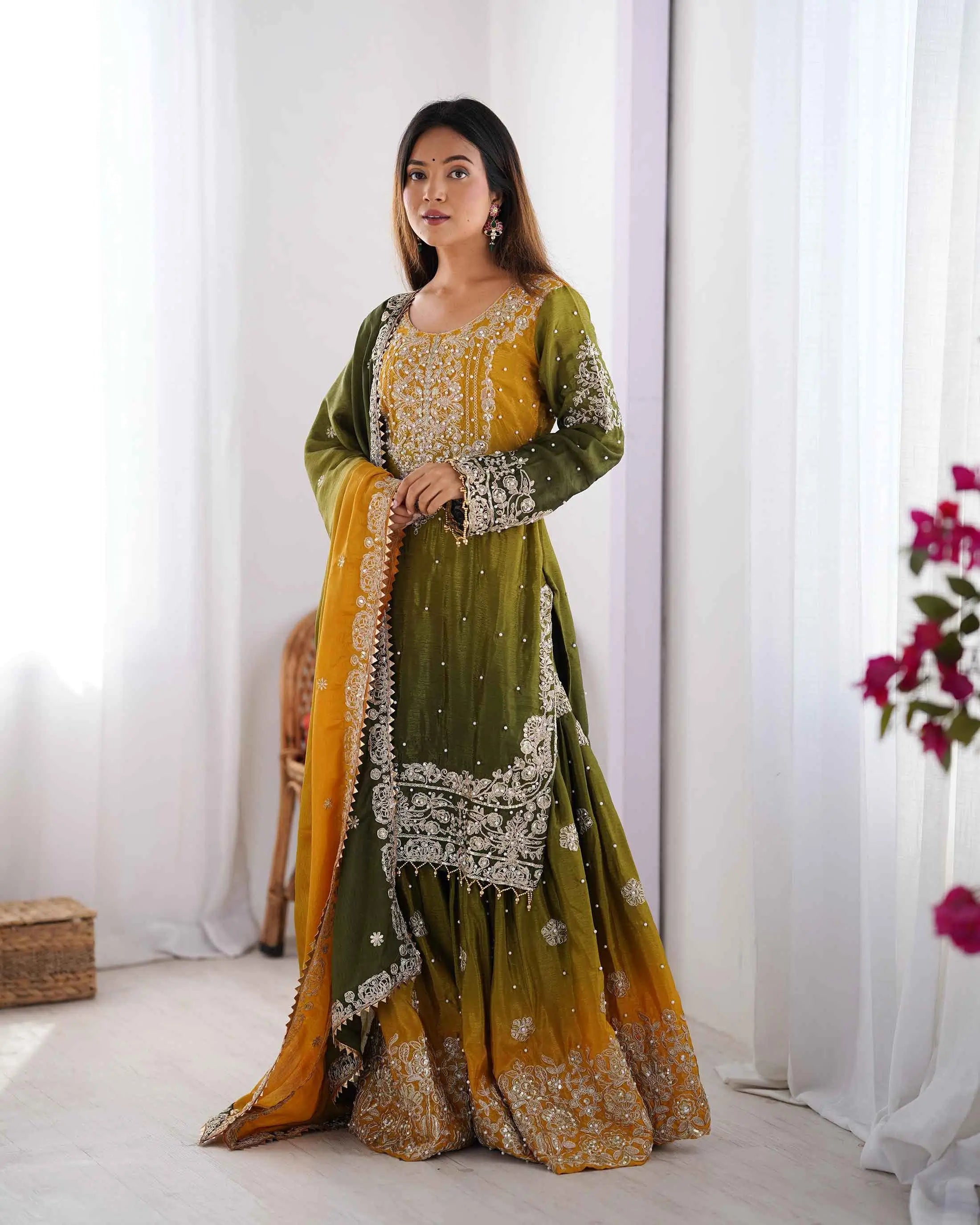 Green Cording Sequins Work With Rivet Moti Sharara Set With Dupatta - qivii