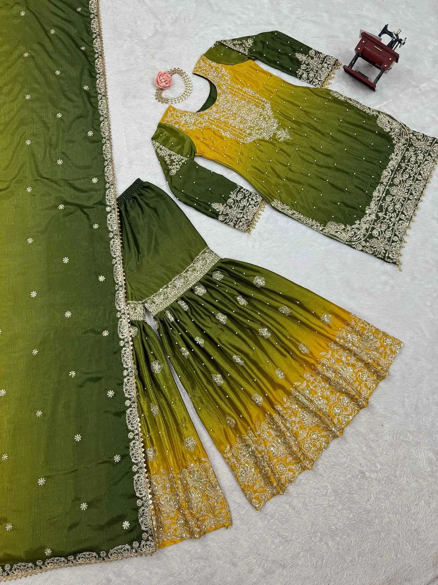 Green Cording Sequins Work With Rivet Moti Sharara Set With Dupatta - qivii