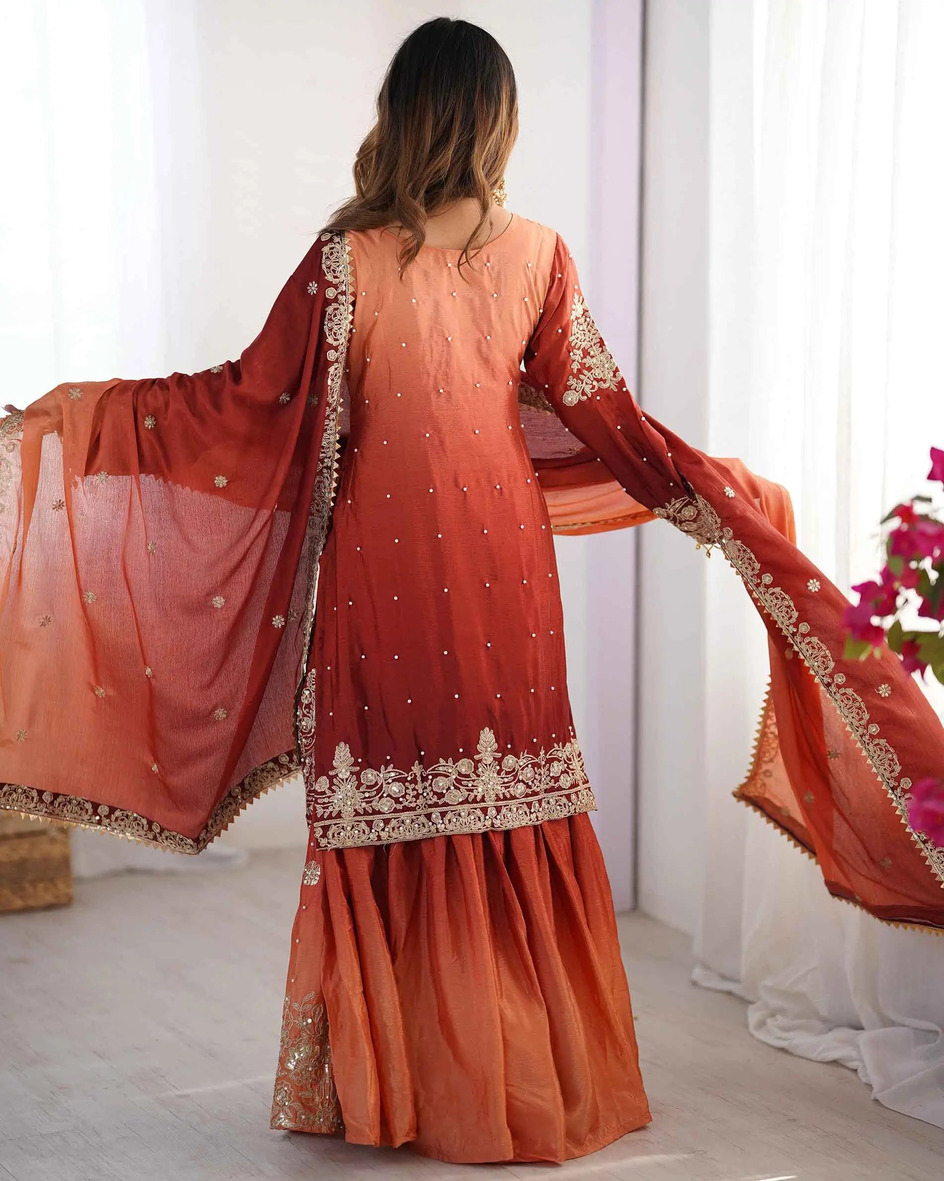 Peach Red Cording Sequins Work With Rivet Moti Sharara Set With Dupatta - qivii