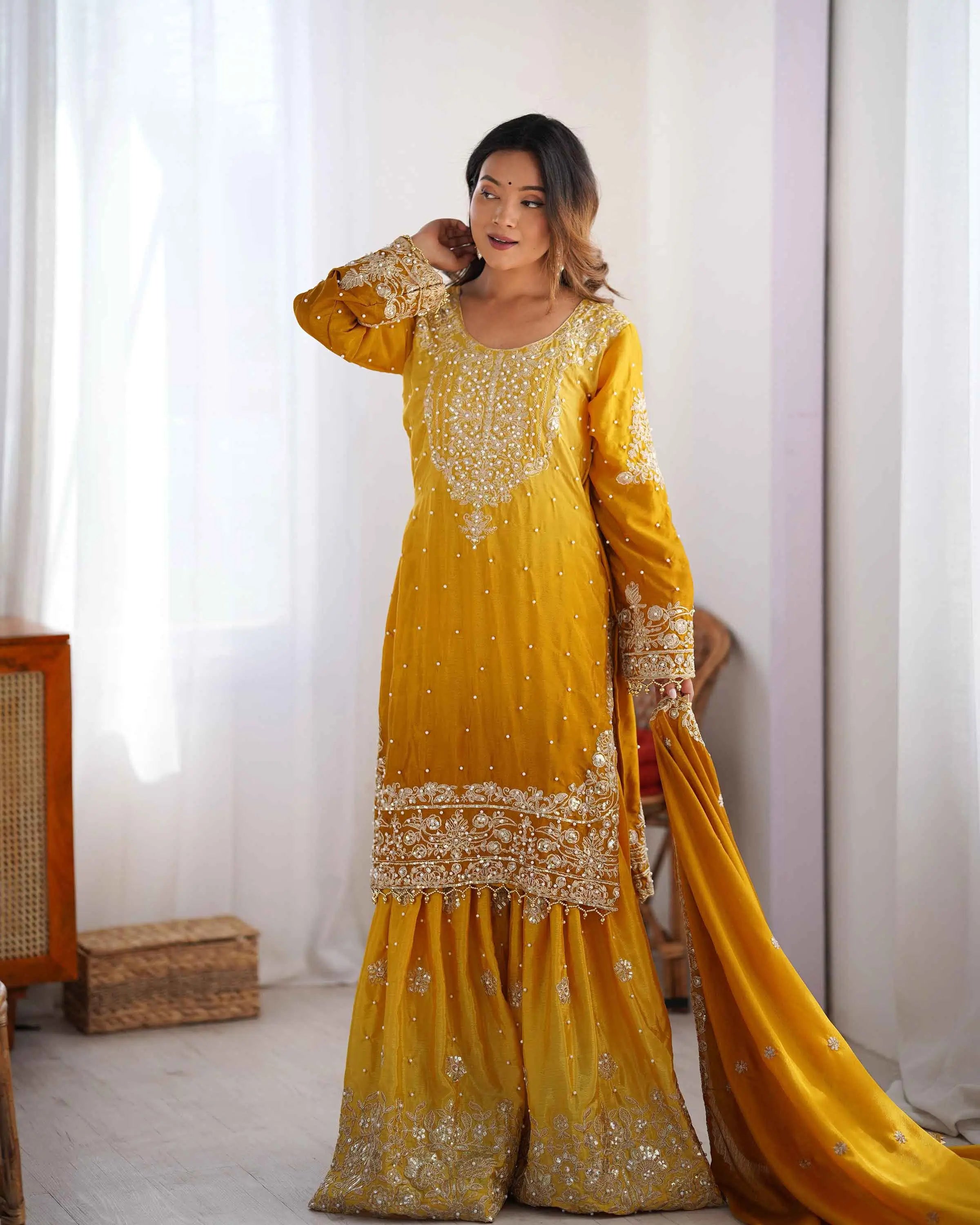 Yellow Cording Sequins Work With Rivet Moti Sharara Set With Dupatta - qivii