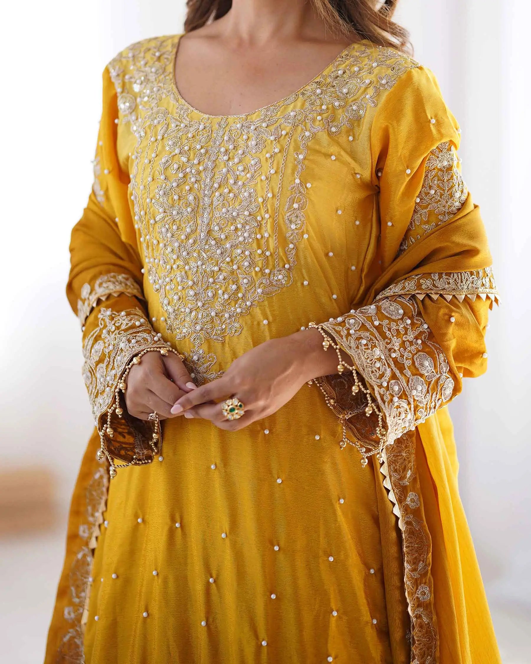 Yellow Cording Sequins Work With Rivet Moti Sharara Set With Dupatta - qivii