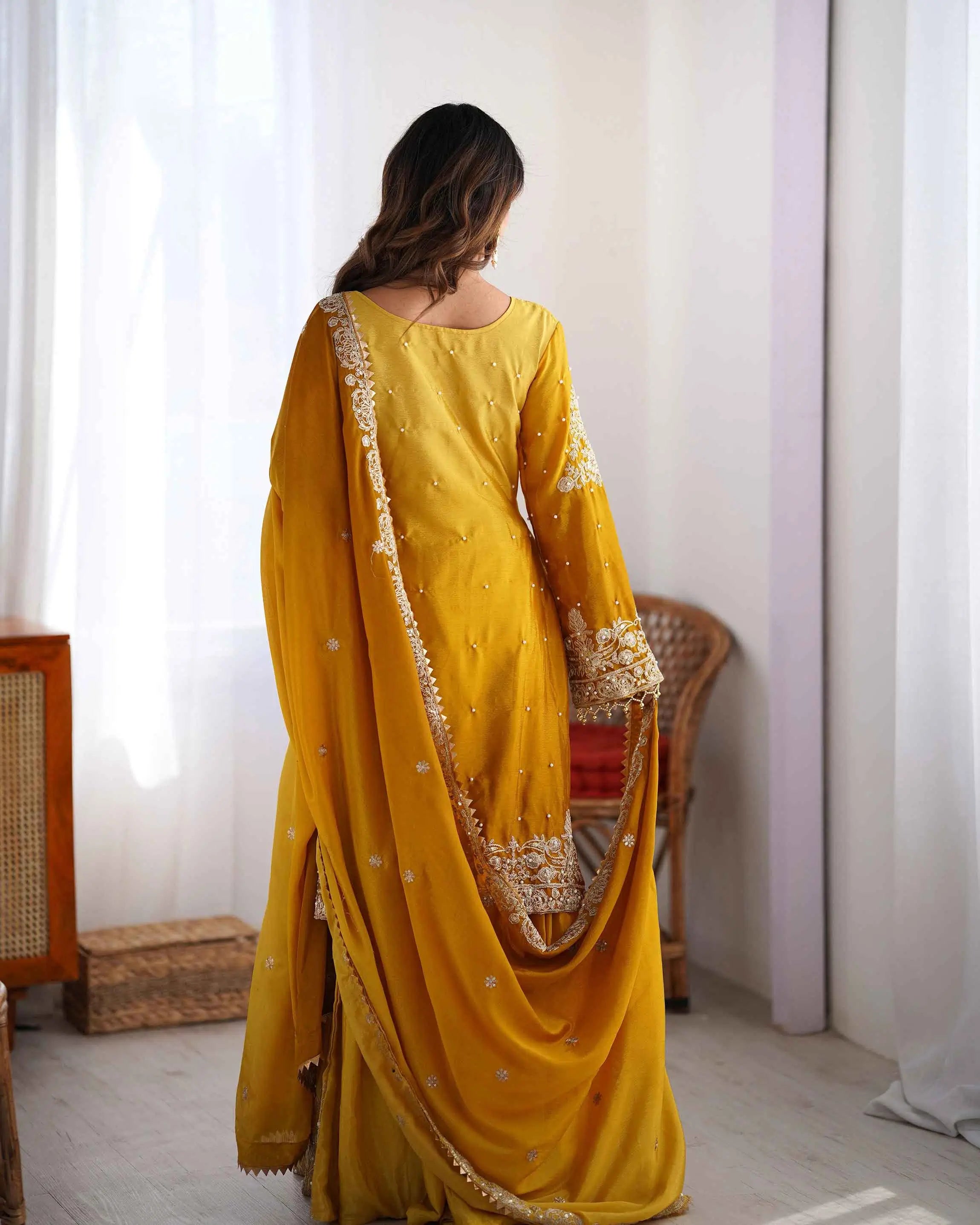 Yellow Cording Sequins Work With Rivet Moti Sharara Set With Dupatta - qivii