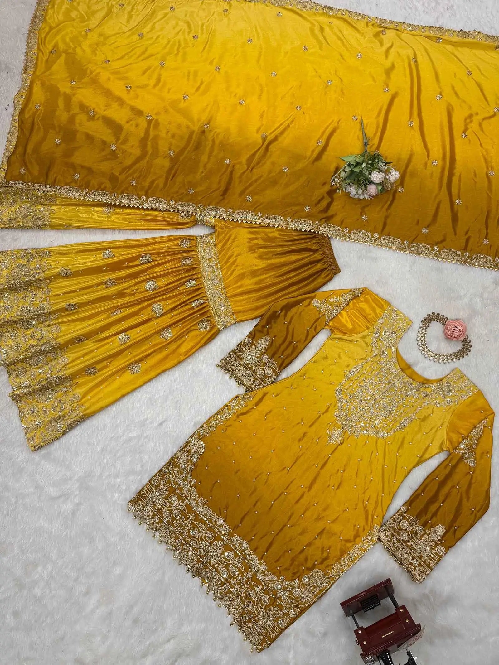 Yellow Cording Sequins Work With Rivet Moti Sharara Set With Dupatta - qivii