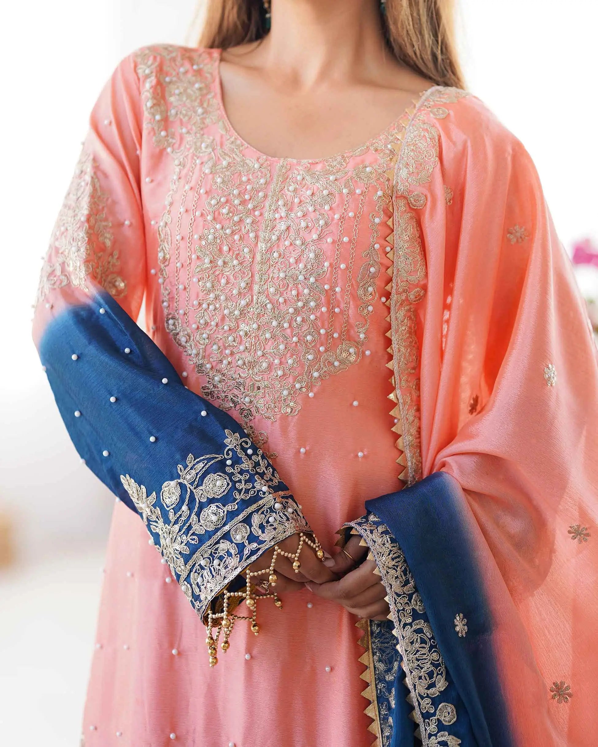 Peach Pink Cording Sequins Work With Rivet Moti Sharara Set With Dupatta - qivii