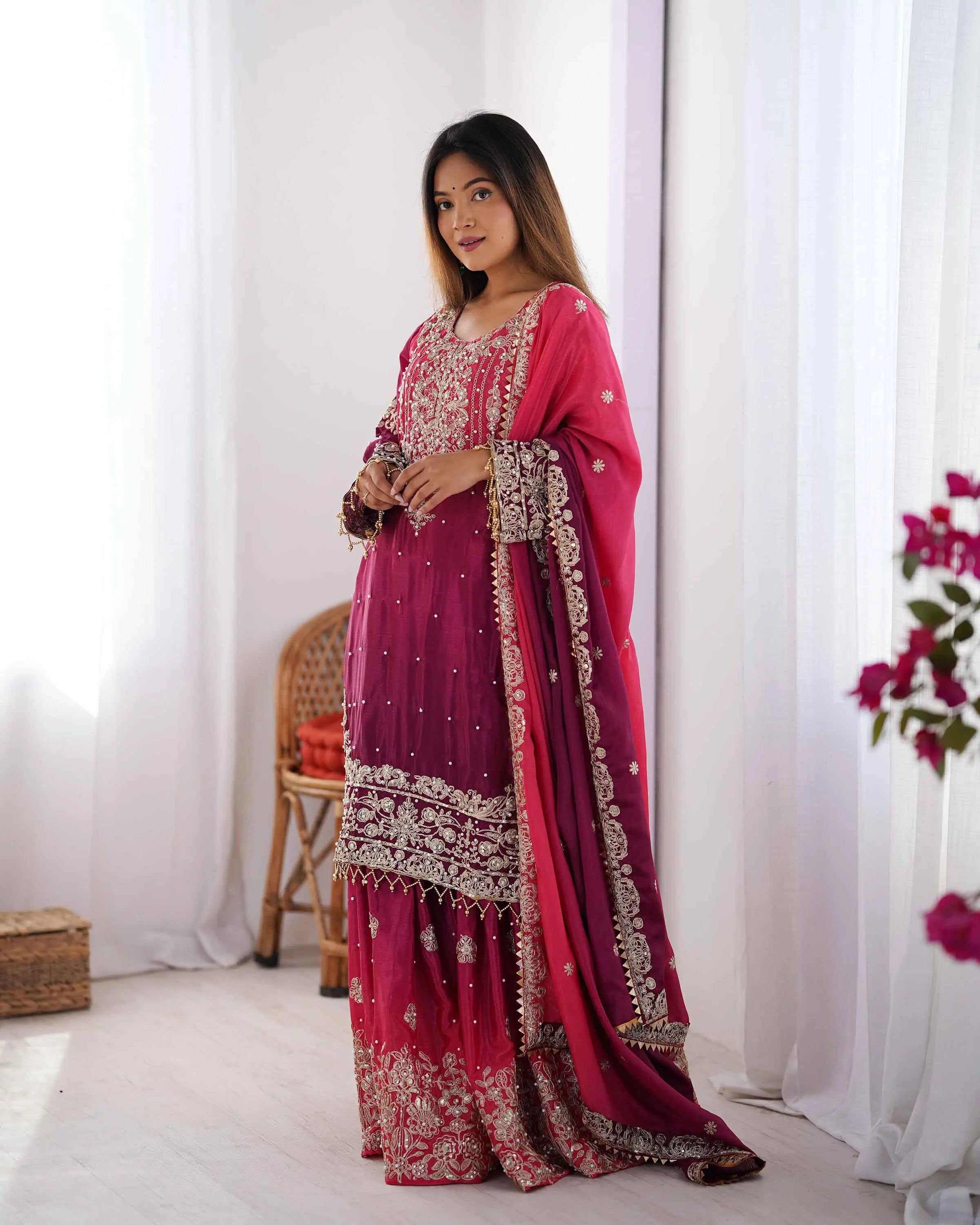Wine Berry Cording Sequins Work With Rivet Moti Sharara Set With Dupatta - qivii