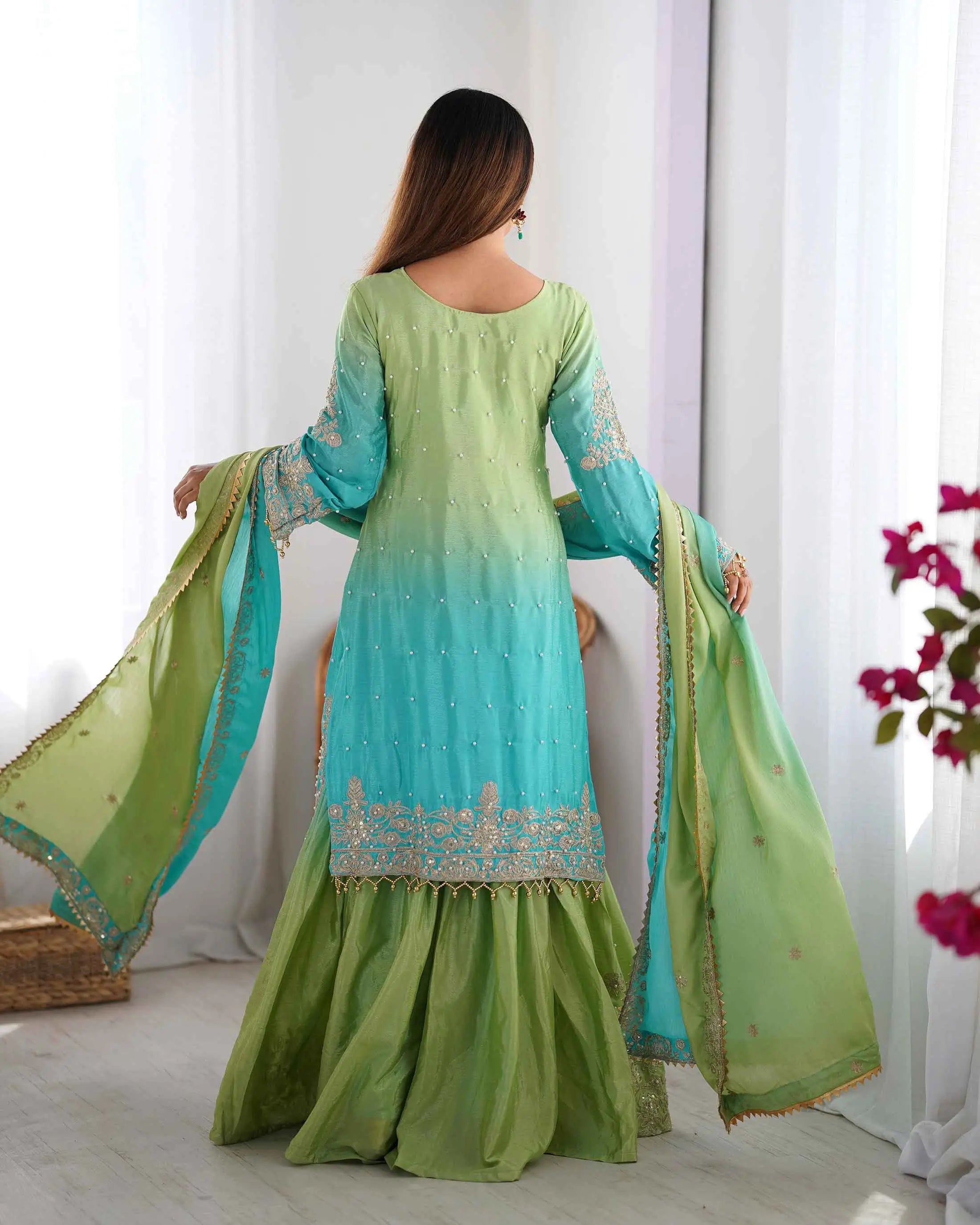 Sky Blue Cording Sequins Work With Rivet Moti Sharara Set With Dupatta