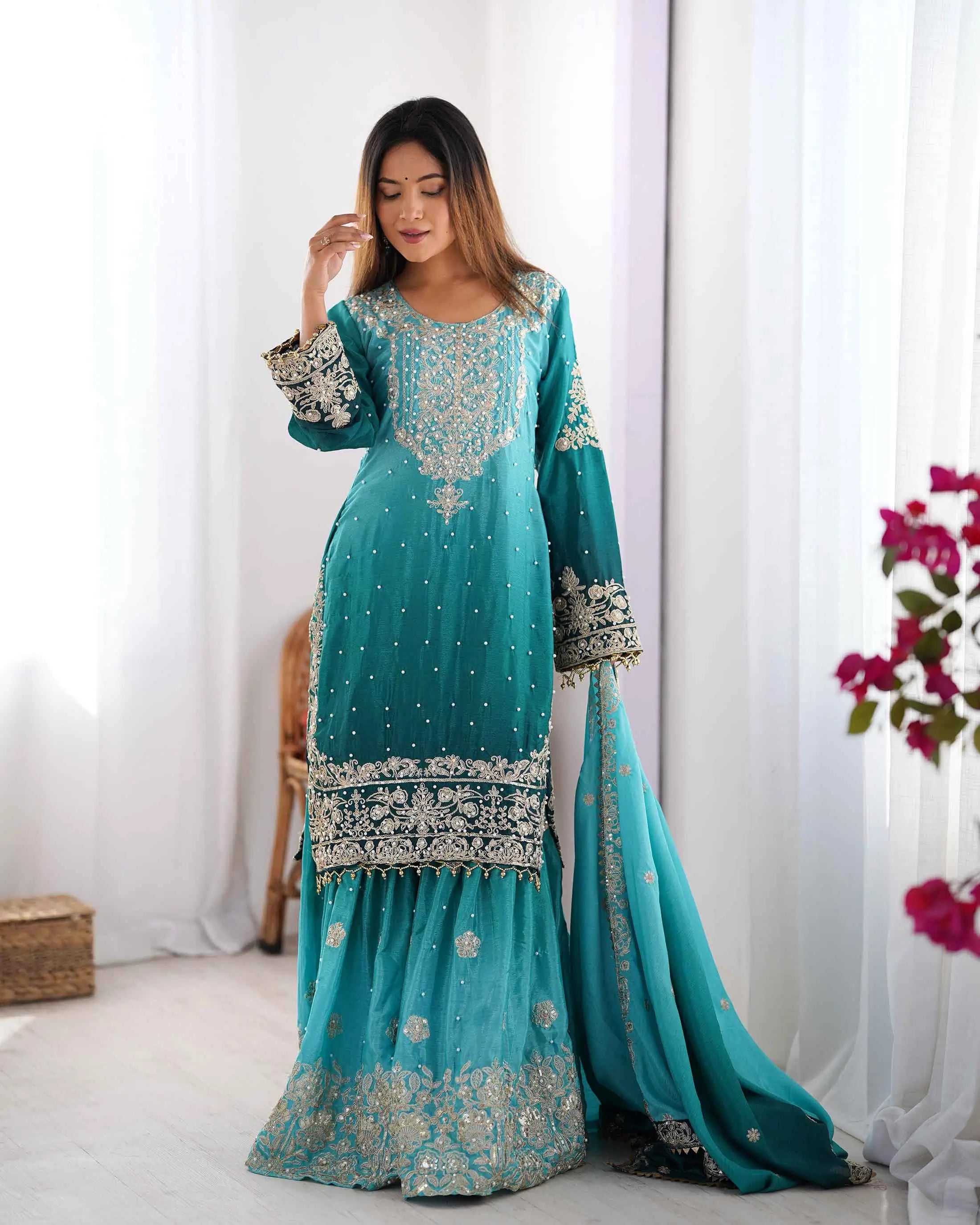 Teal Blue Cording Sequins Work With Rivet Moti Sharara Set With Dupatta - qivii