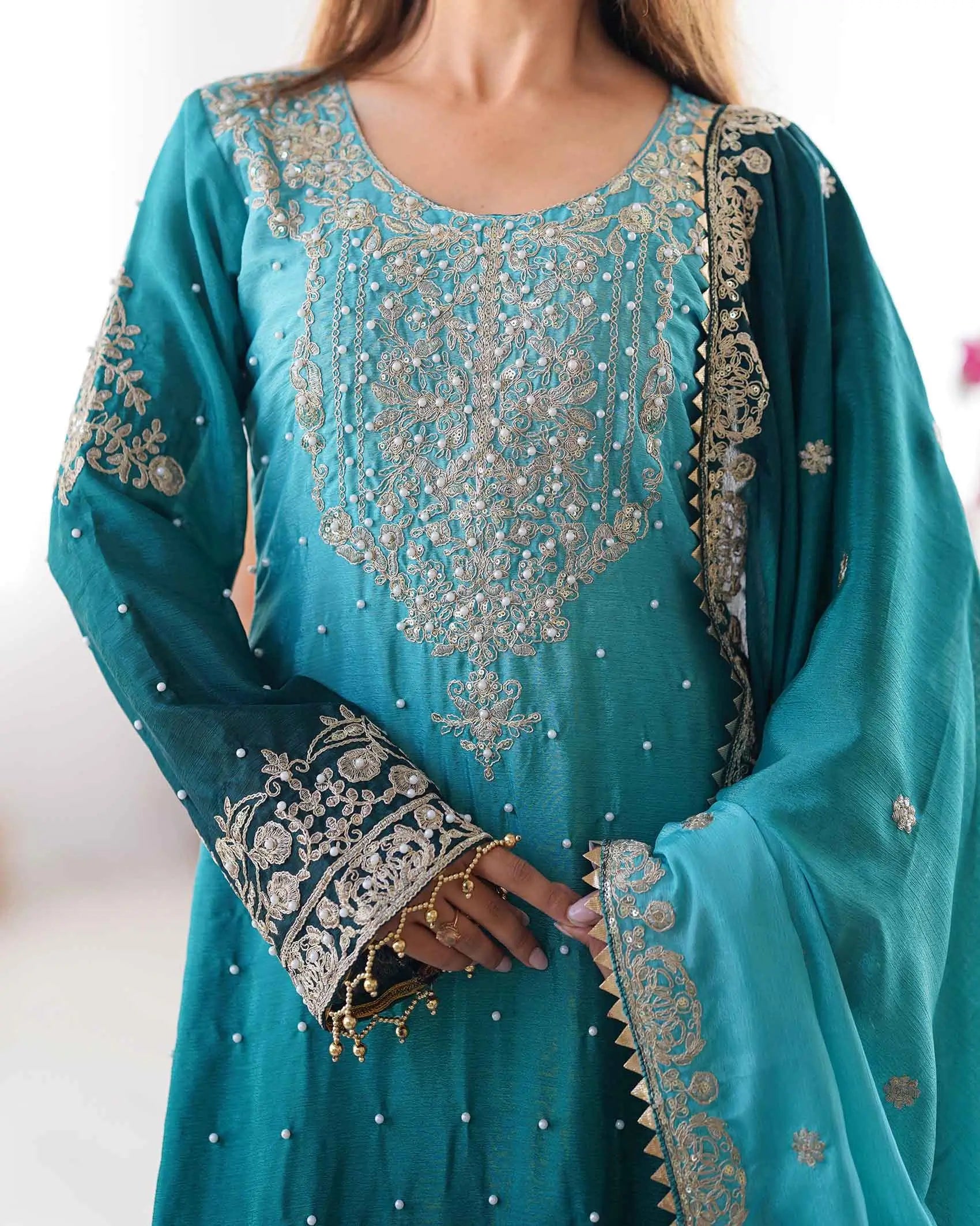 Teal Blue Cording Sequins Work With Rivet Moti Sharara Set With Dupatta - qivii