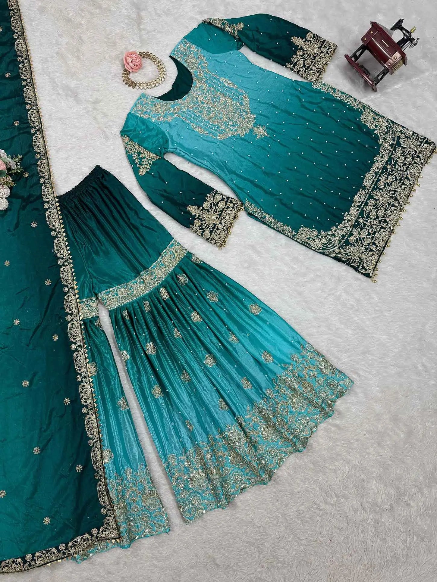 Teal Blue Cording Sequins Work With Rivet Moti Sharara Set With Dupatta - qivii
