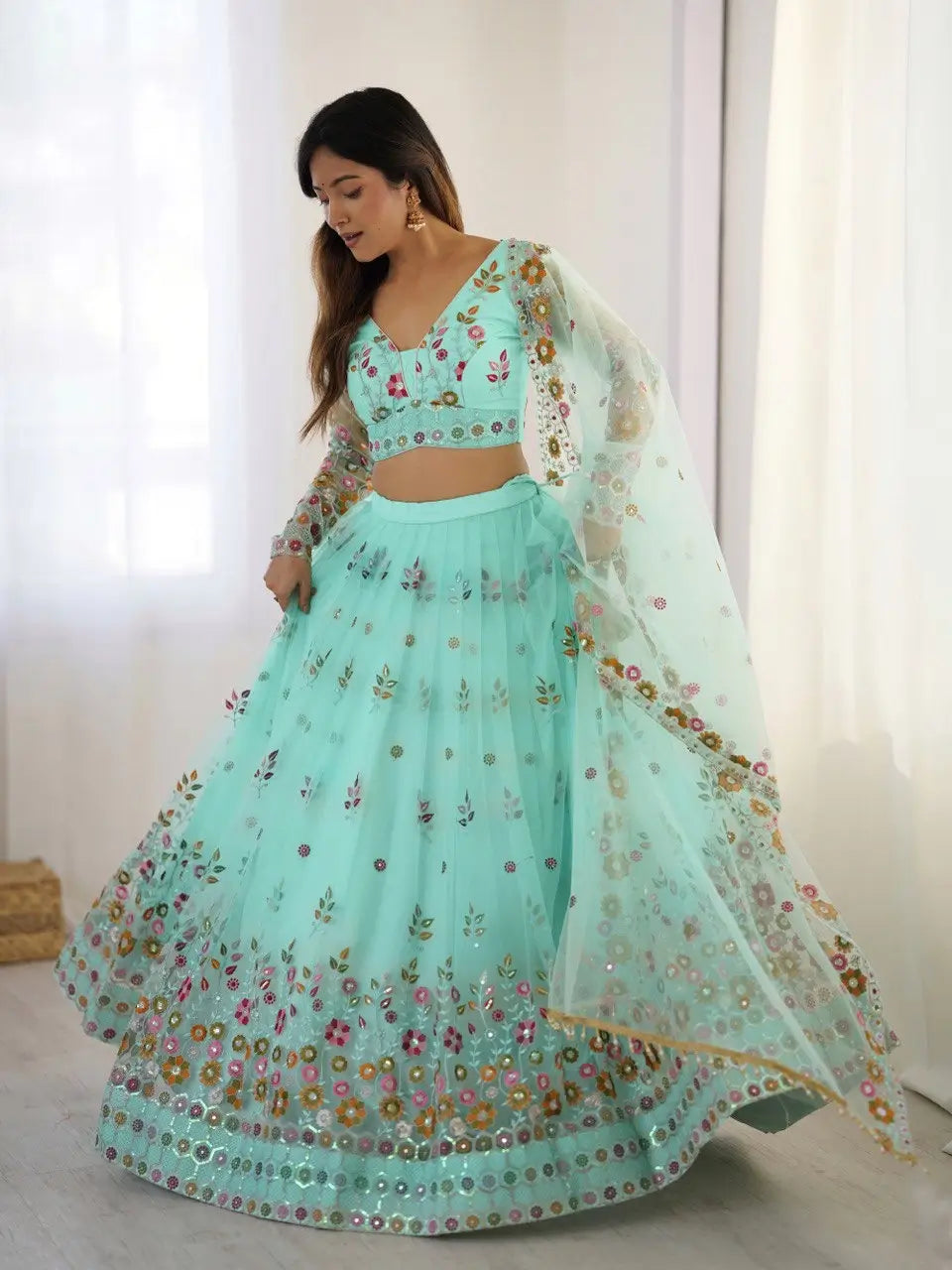 Light Cyan Soft Net Lehenga With Thread & Sequins Embroidery Work - qivii