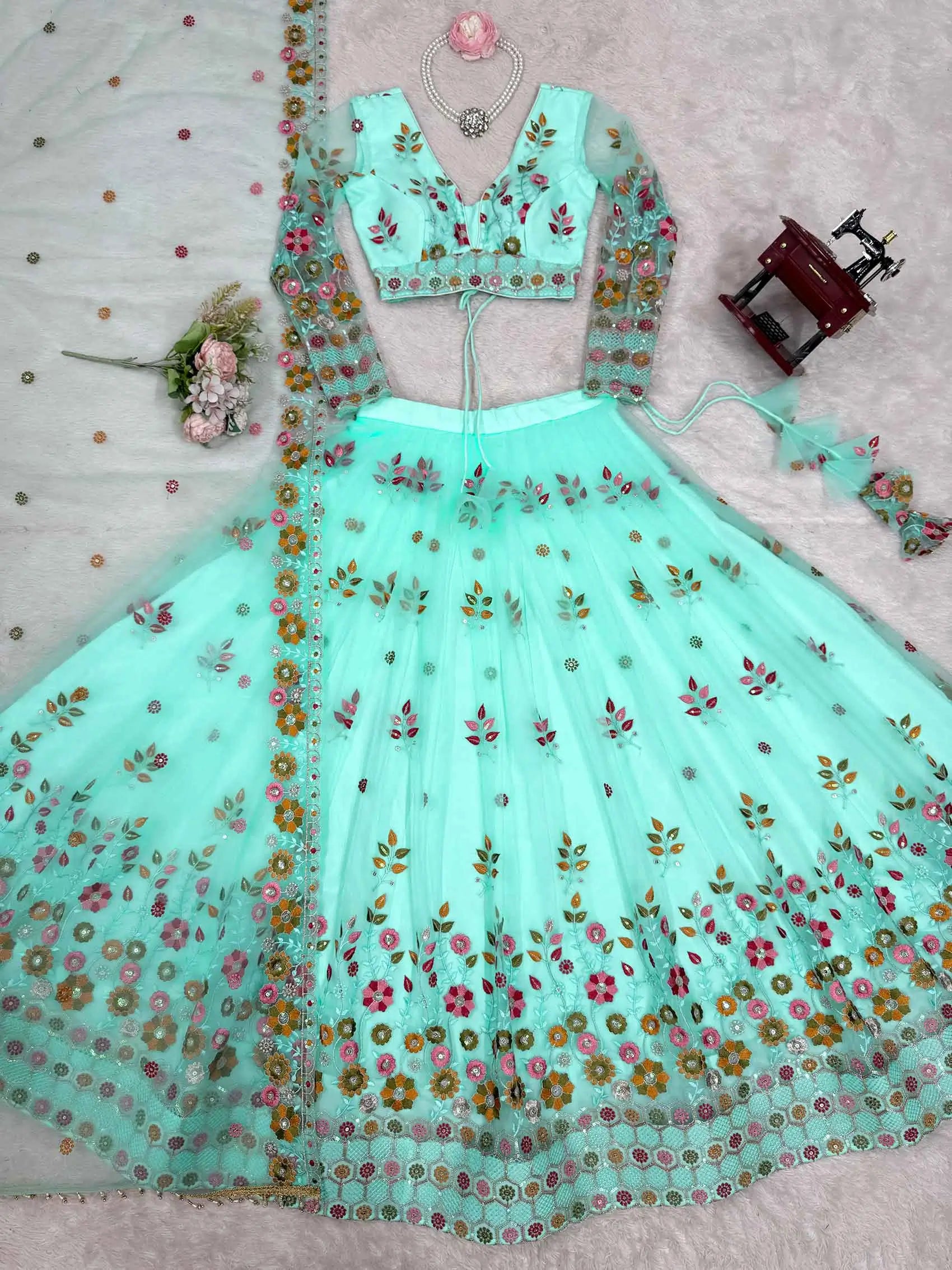 Light Cyan Soft Net Lehenga With Thread & Sequins Embroidery Work - qivii