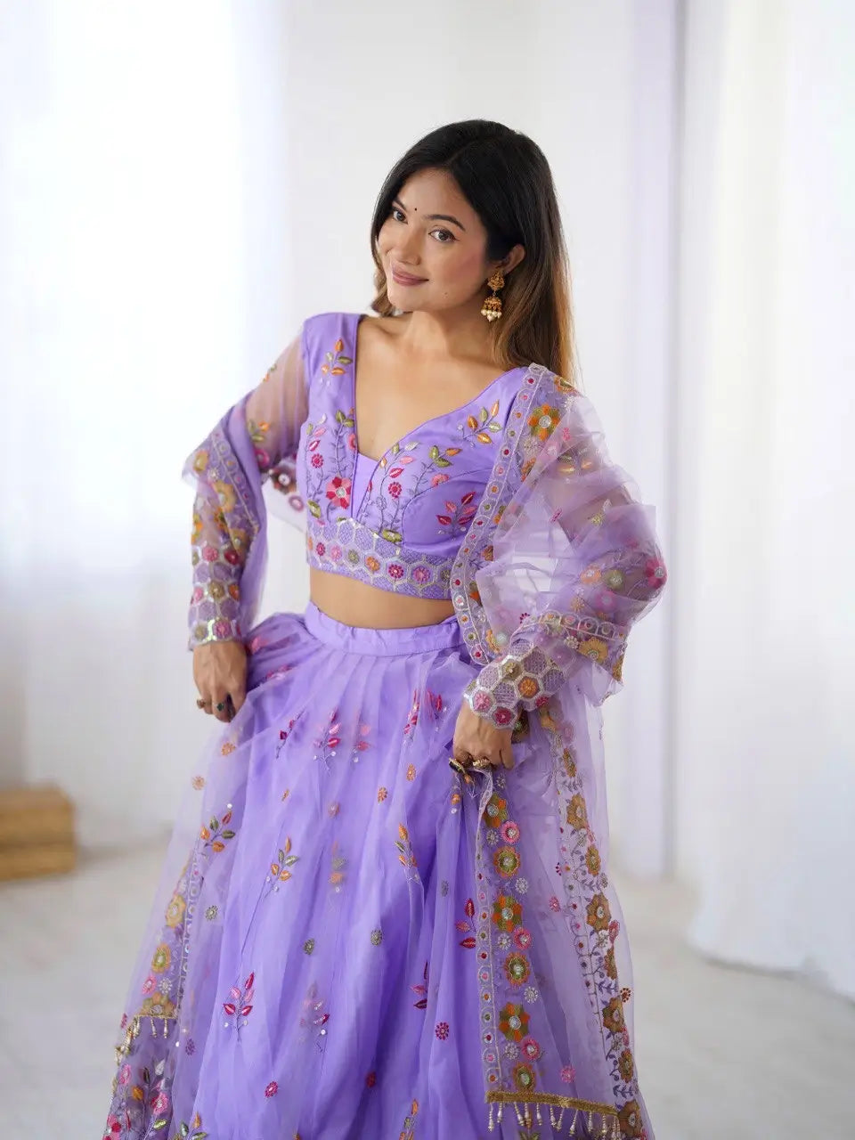 Lavender Soft Net Lehenga With Thread & Sequins Embroidery Work - qivii