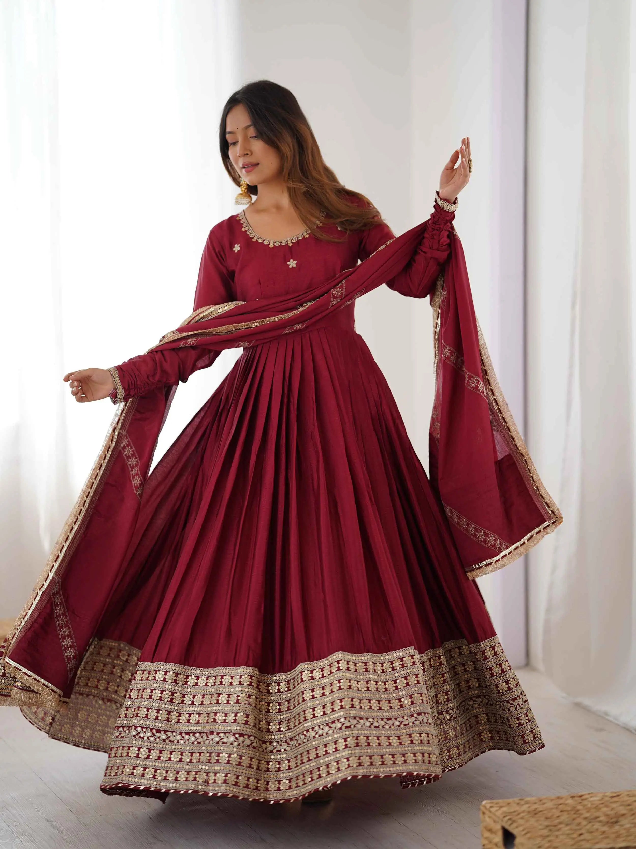 Maroon Sequins Embroidery Work Silk Gown