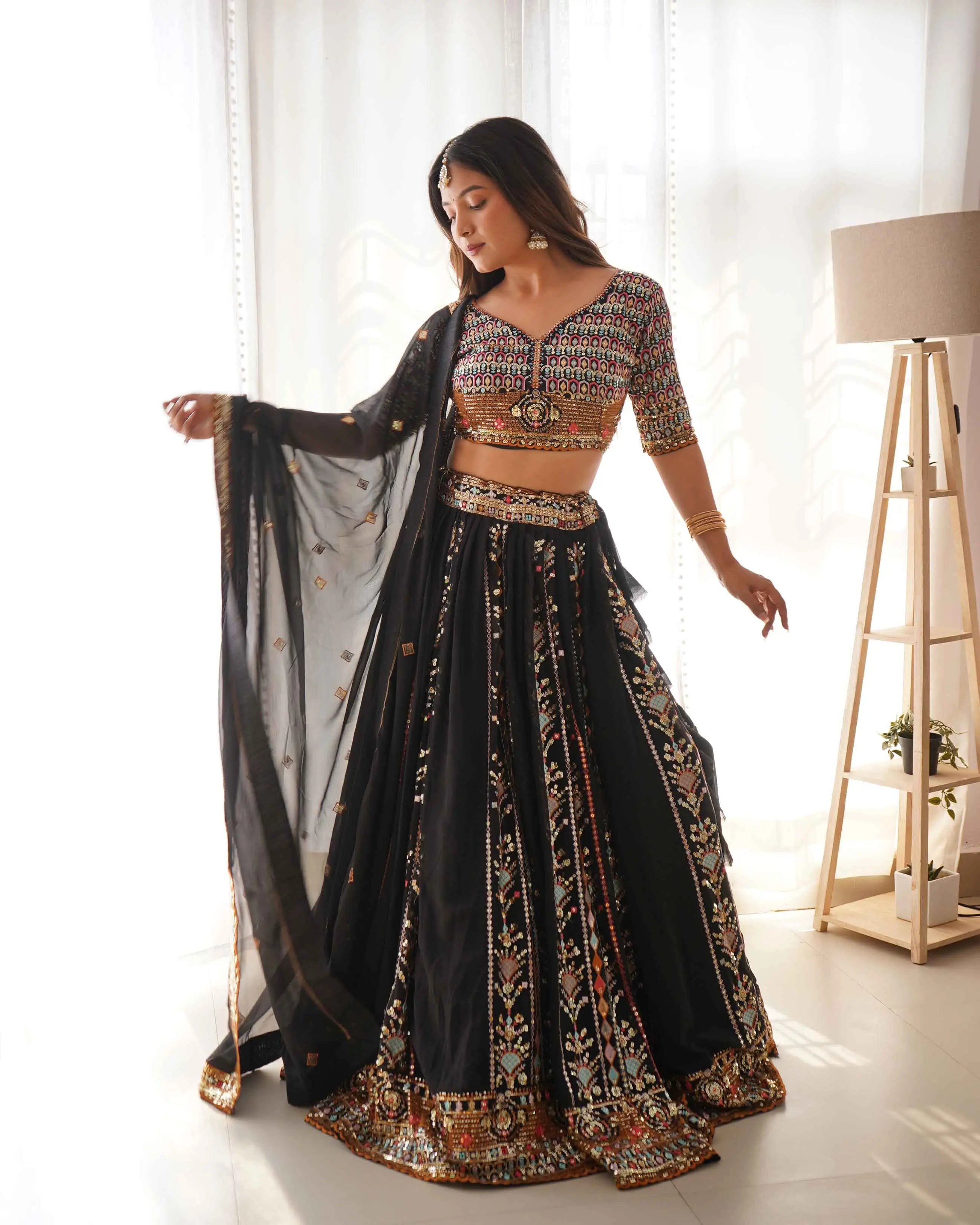 Bold in Black Heavy Sequins & Thread Embroidery Work Lehenga And Dupatta