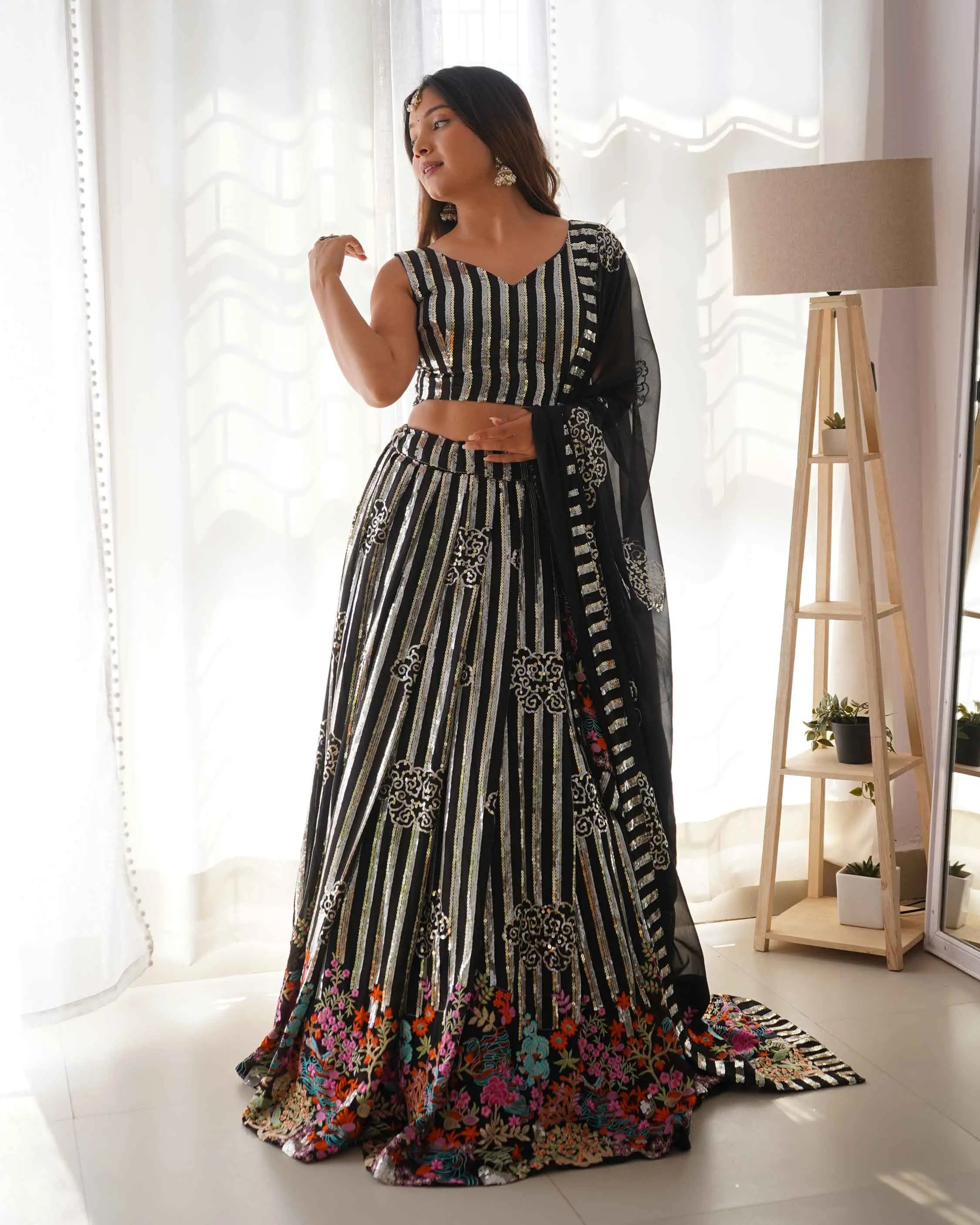 Black Heavy Sequins & Multi Thread Embroidery Work Lehenga And Dupatta - qivii