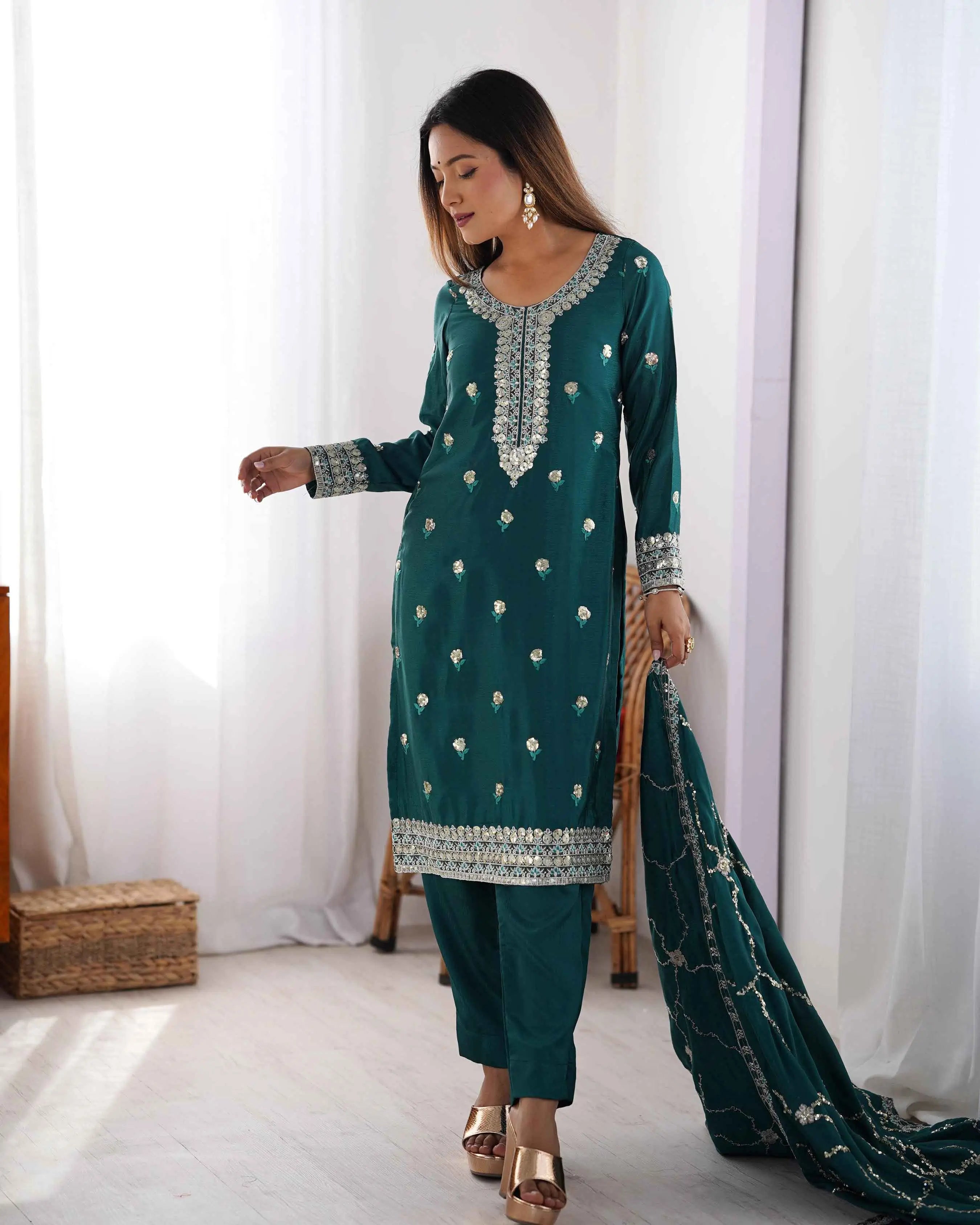 Dark Teal Blue Sequins Embroidery Work Salwar Suit With Dupatta - qivii