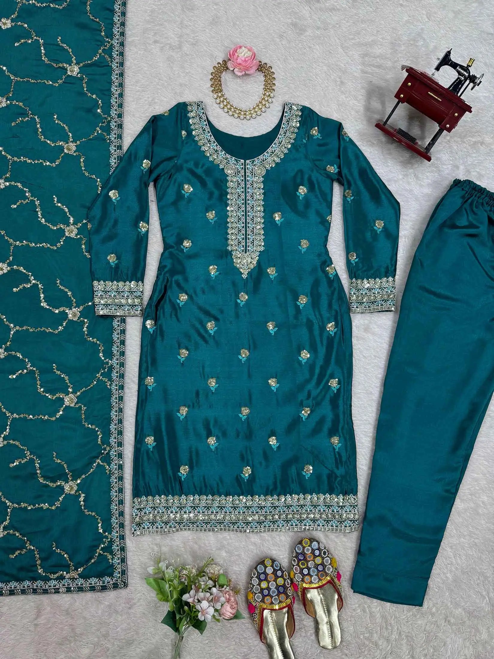 Dark Teal Blue Sequins Embroidery Work Salwar Suit With Dupatta - qivii