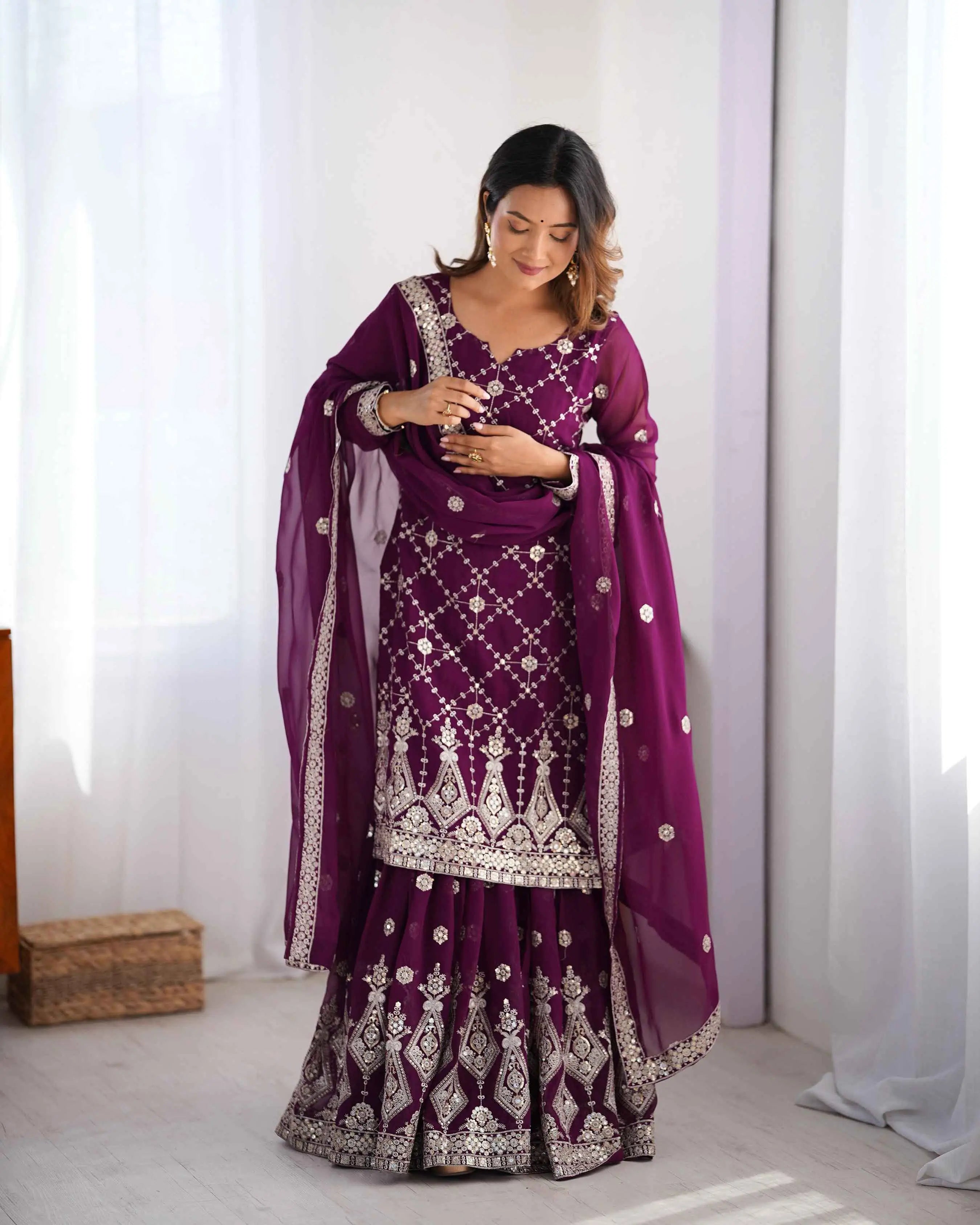 Wine Berry Sequins Embroidery Work Sharara Set With Dupatta - qivii