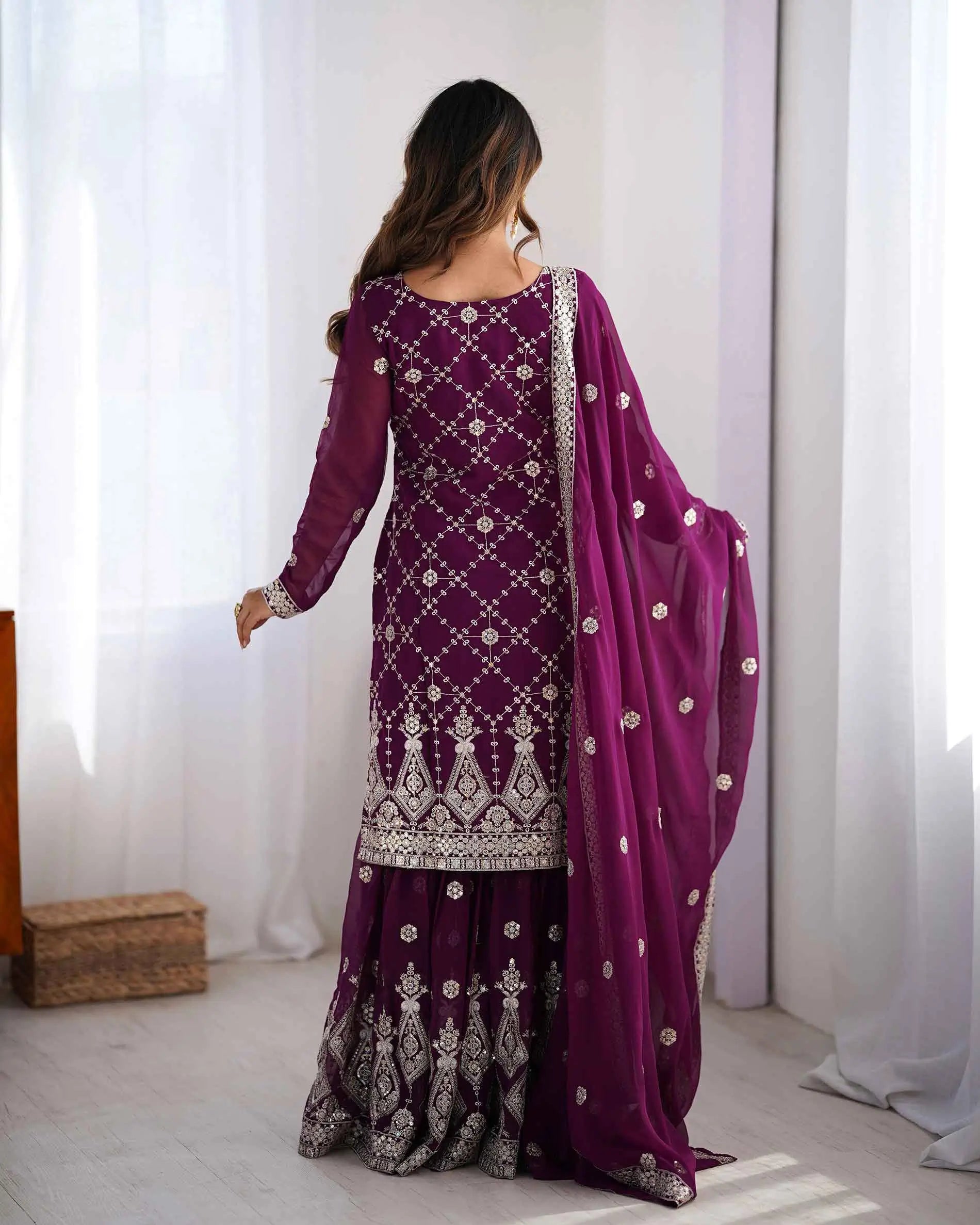 Wine Berry Sequins Embroidery Work Sharara Set With Dupatta - qivii