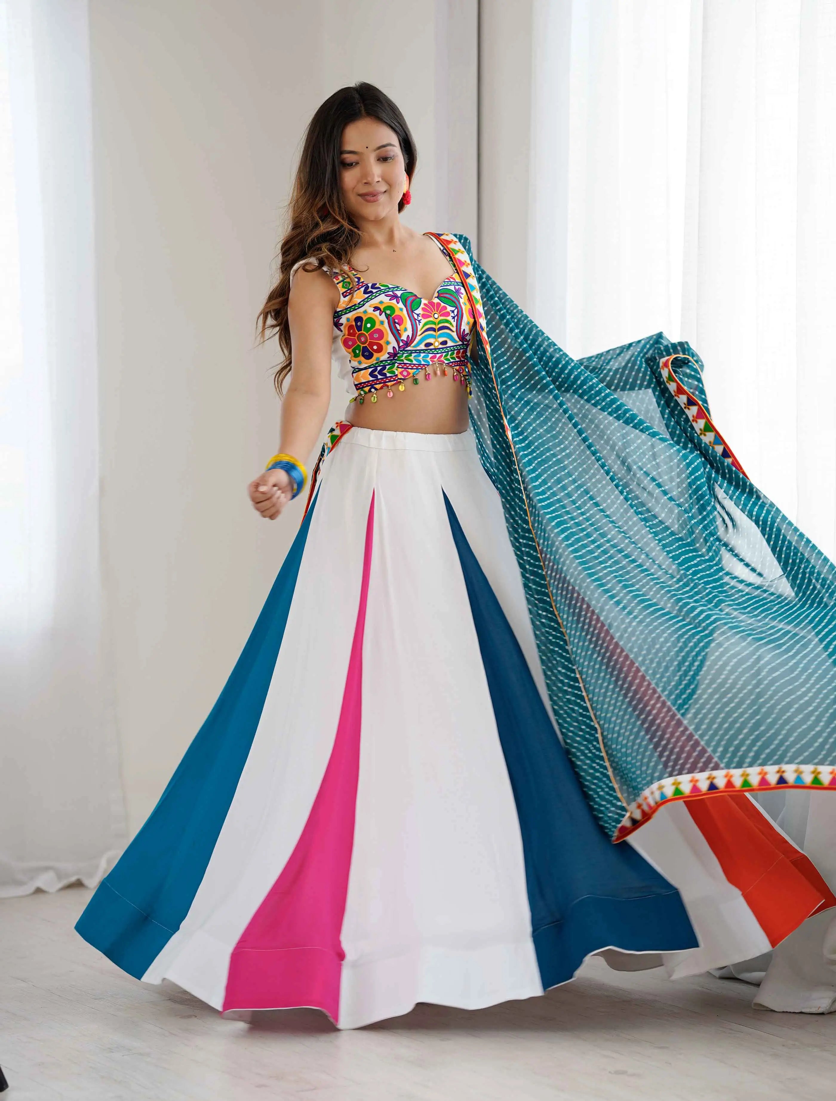 Multi-Color Rayon Navratri Lehenga With Thread & Mirror Work