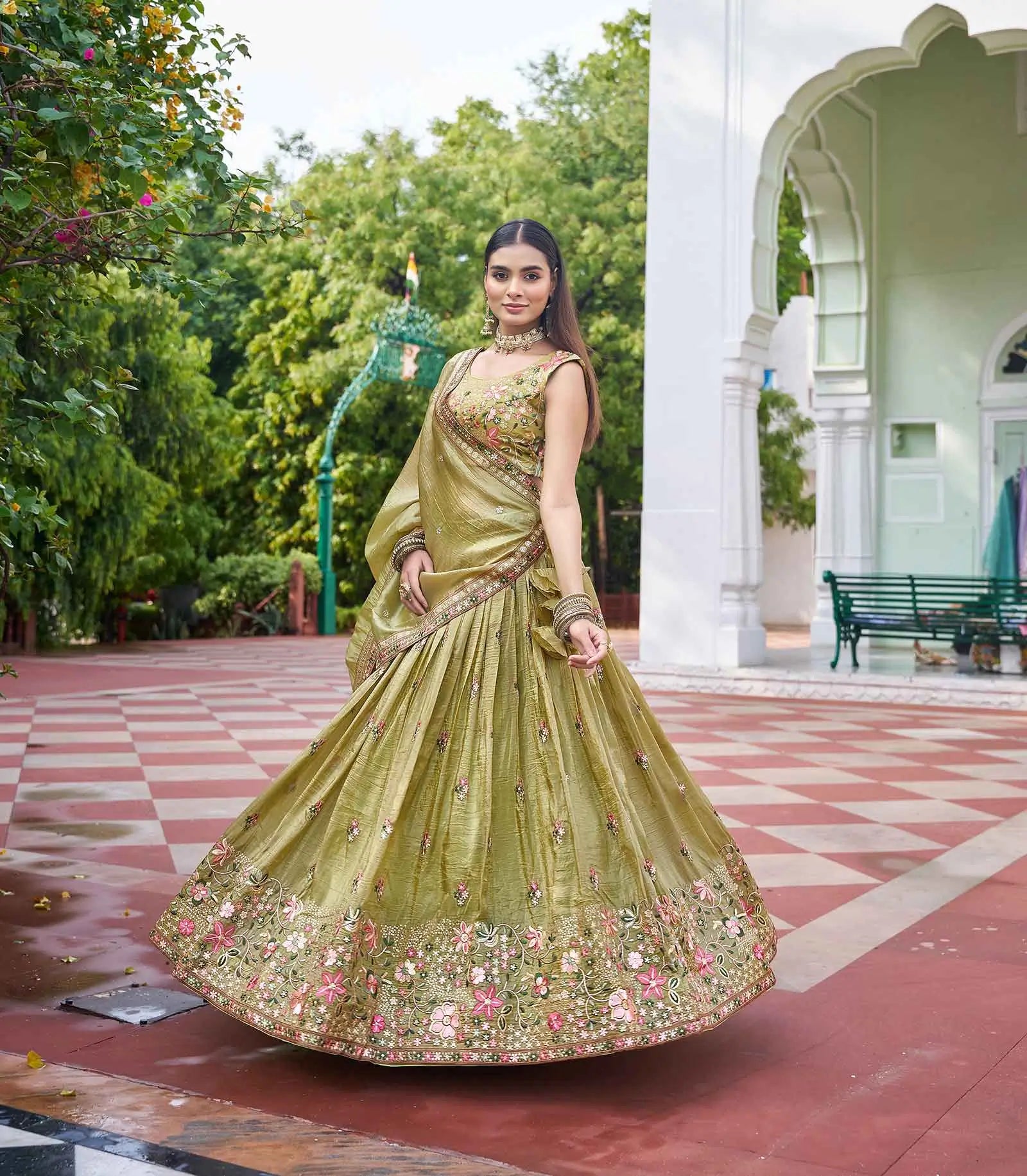 Olive Green Sequins Embroidery Lehenga Choli