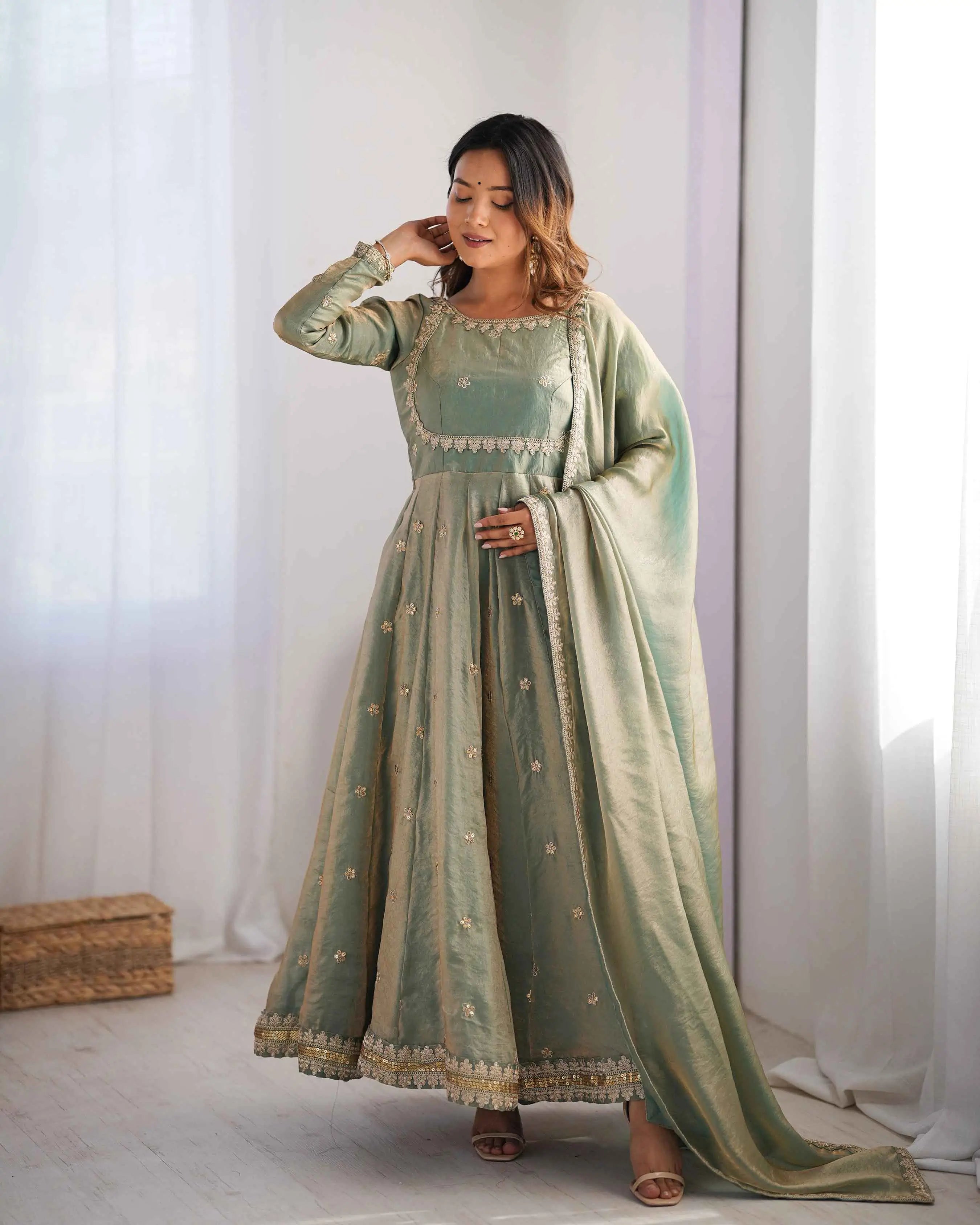 Designer Shiny Olive Green Cording Sequins Embroidery Work Gown With Dupatta - qivii