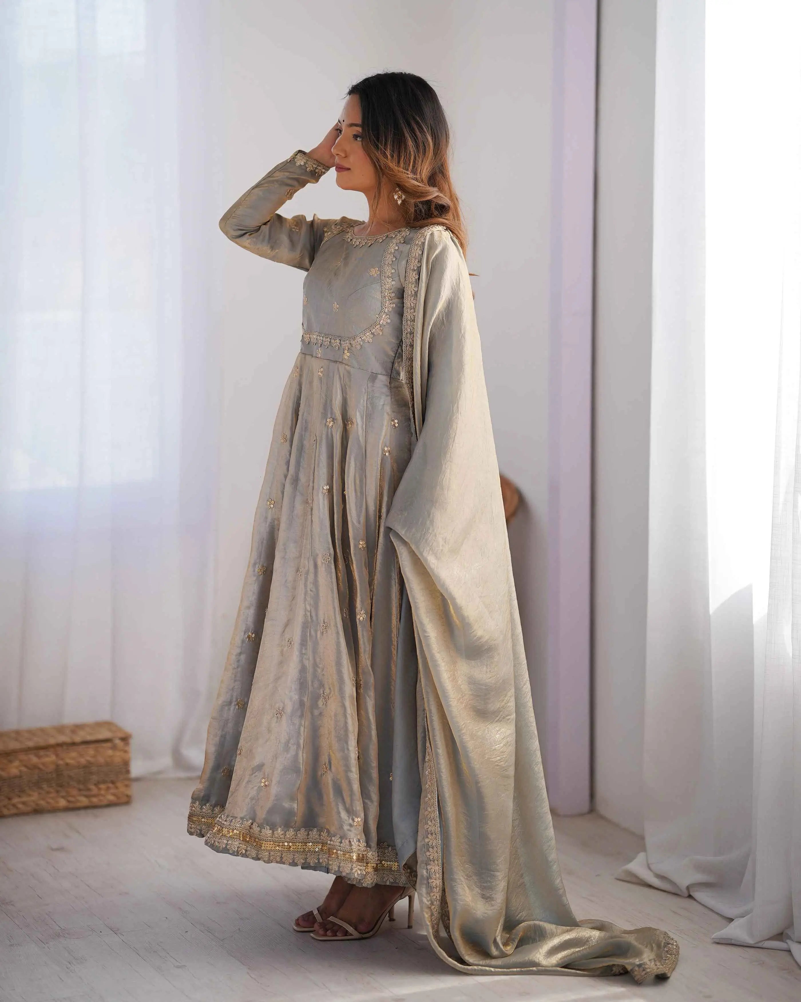 Silver Grey Cording Sequins Embroidery Work Designer Gown With Dupatta - qivii