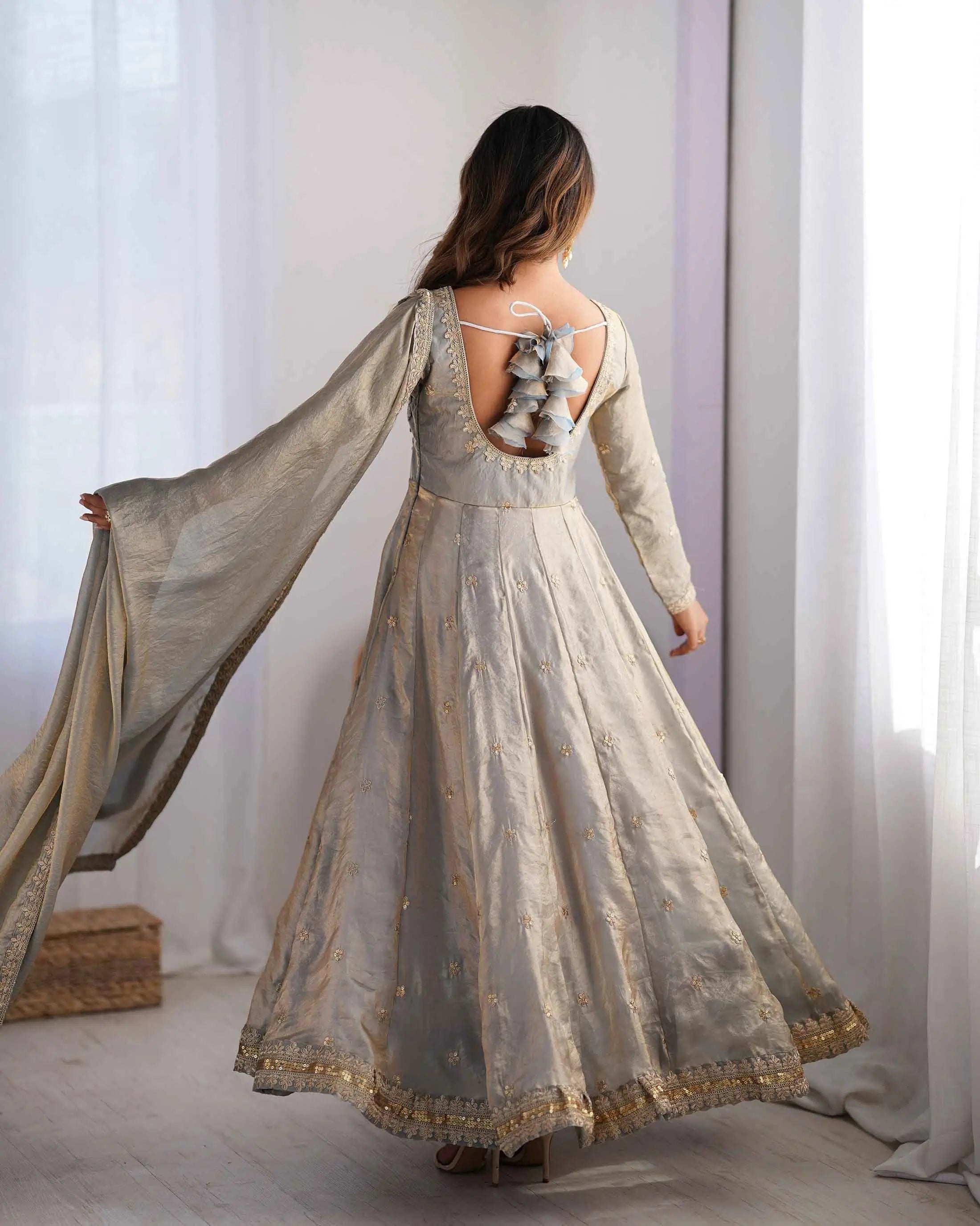 Silver Grey Cording Sequins Embroidery Work Designer Gown With Dupatta - qivii