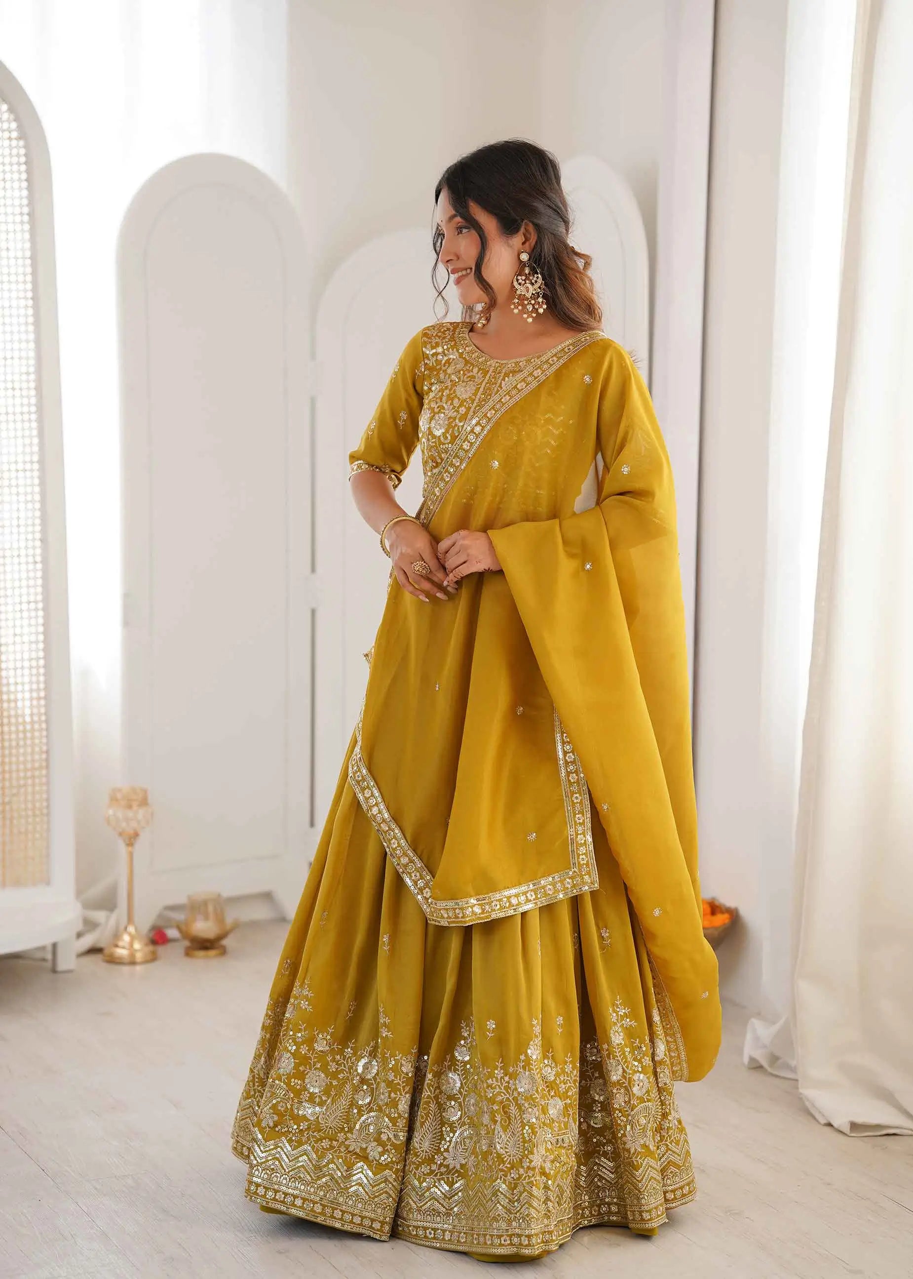 Yellow Sequins Embroidery Lehenga Choli