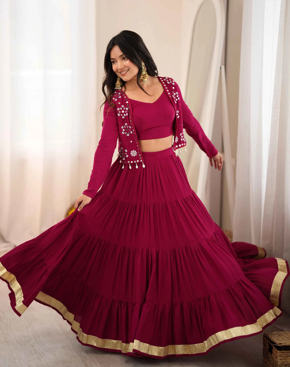 9 Meter Flair | Pink Rayon Navratri Lehenga With Mirror Work Koti