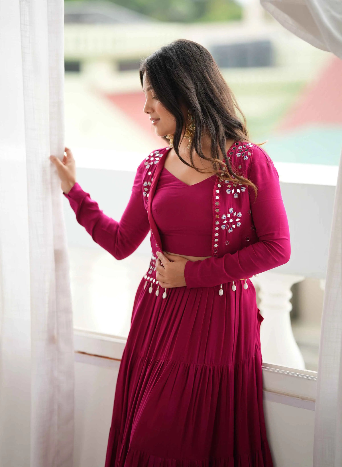 9 Meter Flair | Pink Rayon Navratri Lehenga With Mirror Work Koti