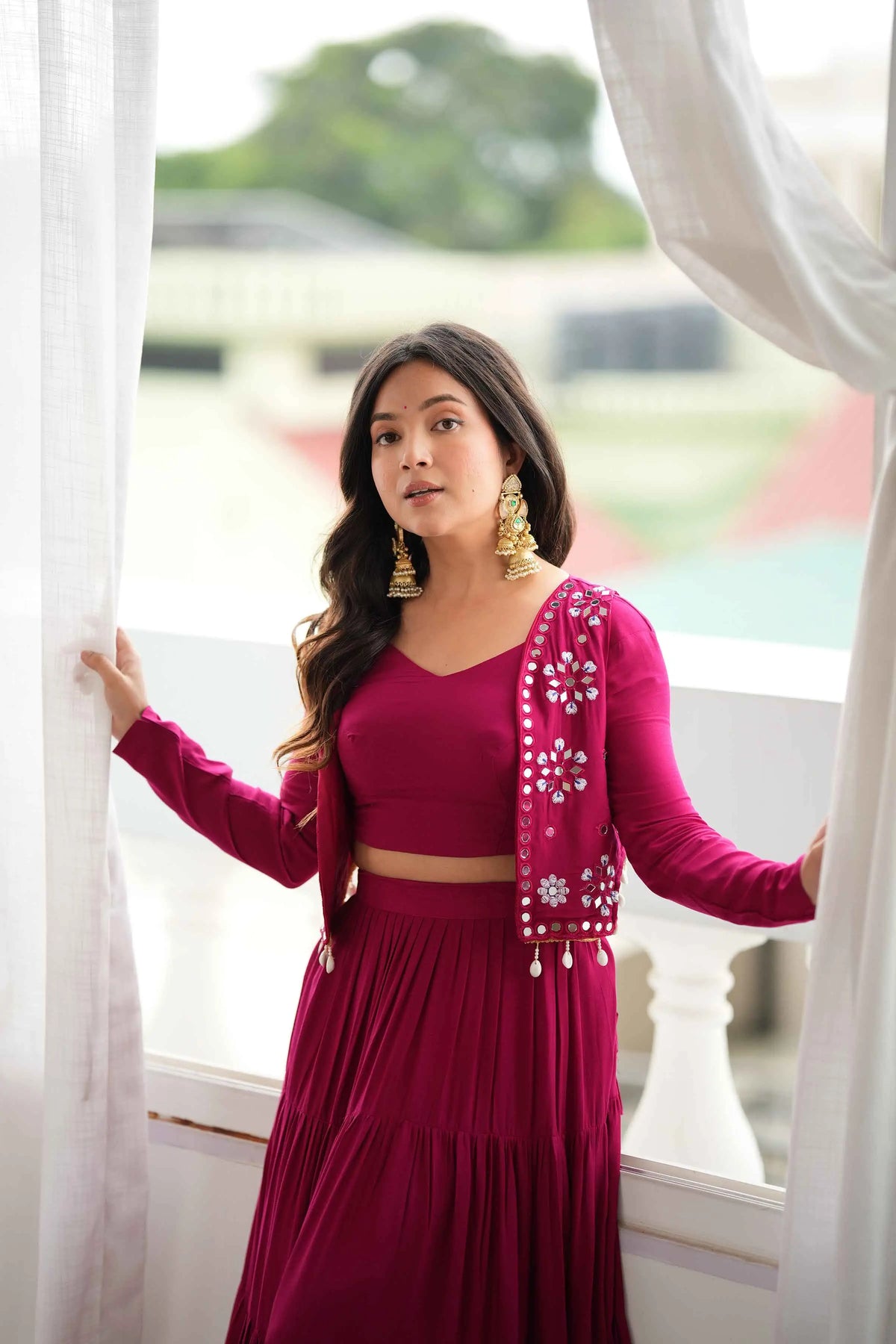 9 Meter Flair | Pink Rayon Navratri Lehenga With Mirror Work Koti