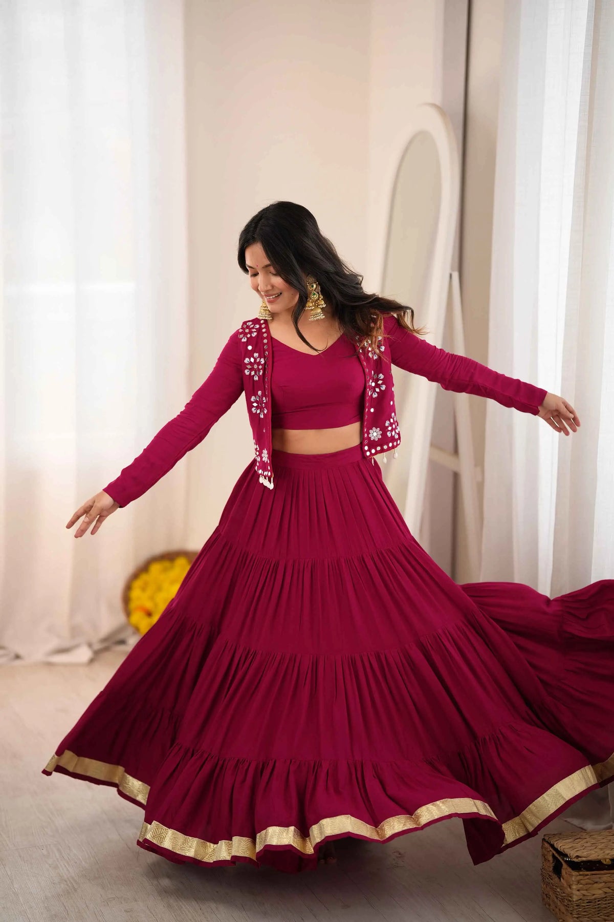 9 Meter Flair | Pink Rayon Navratri Lehenga With Mirror Work Koti