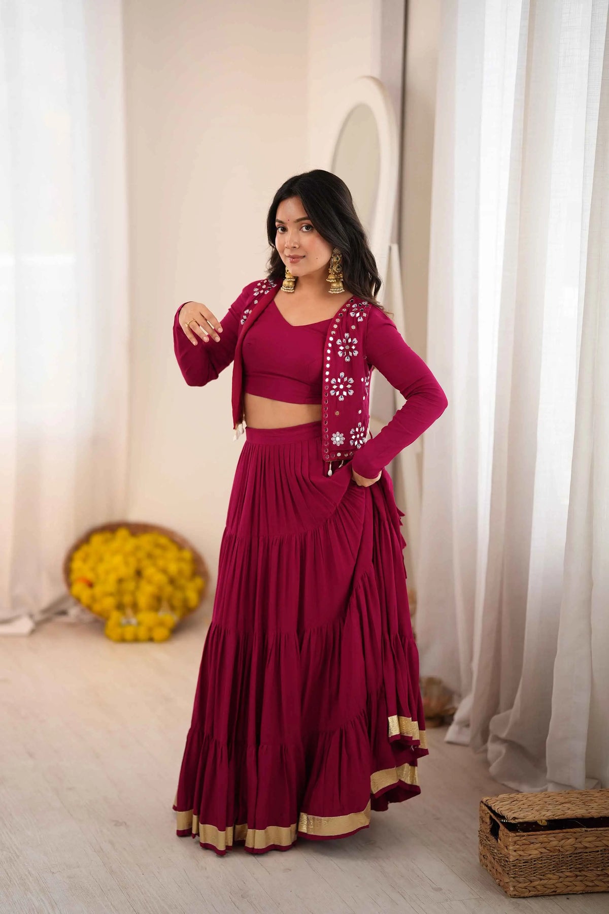 9 Meter Flair | Pink Rayon Navratri Lehenga With Mirror Work Koti